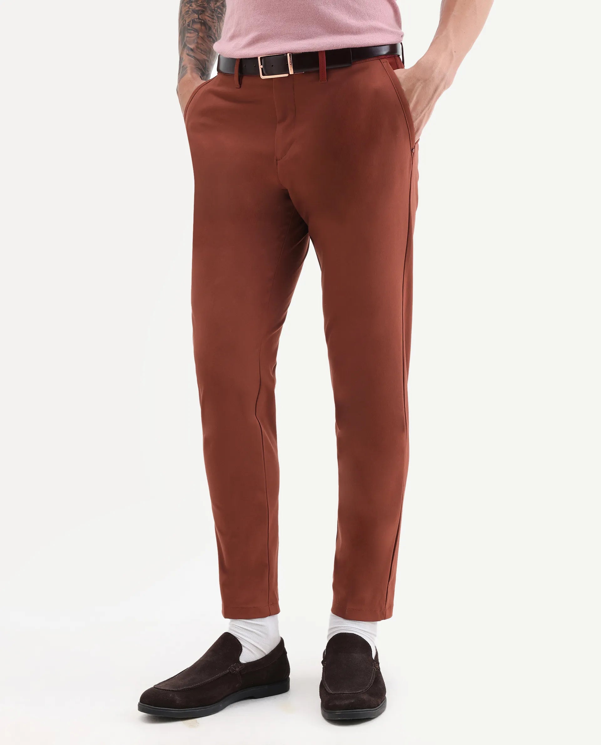 Rare Rabbit Men's Driver Rust Polyester Blend Plain Regular Fit Trouser