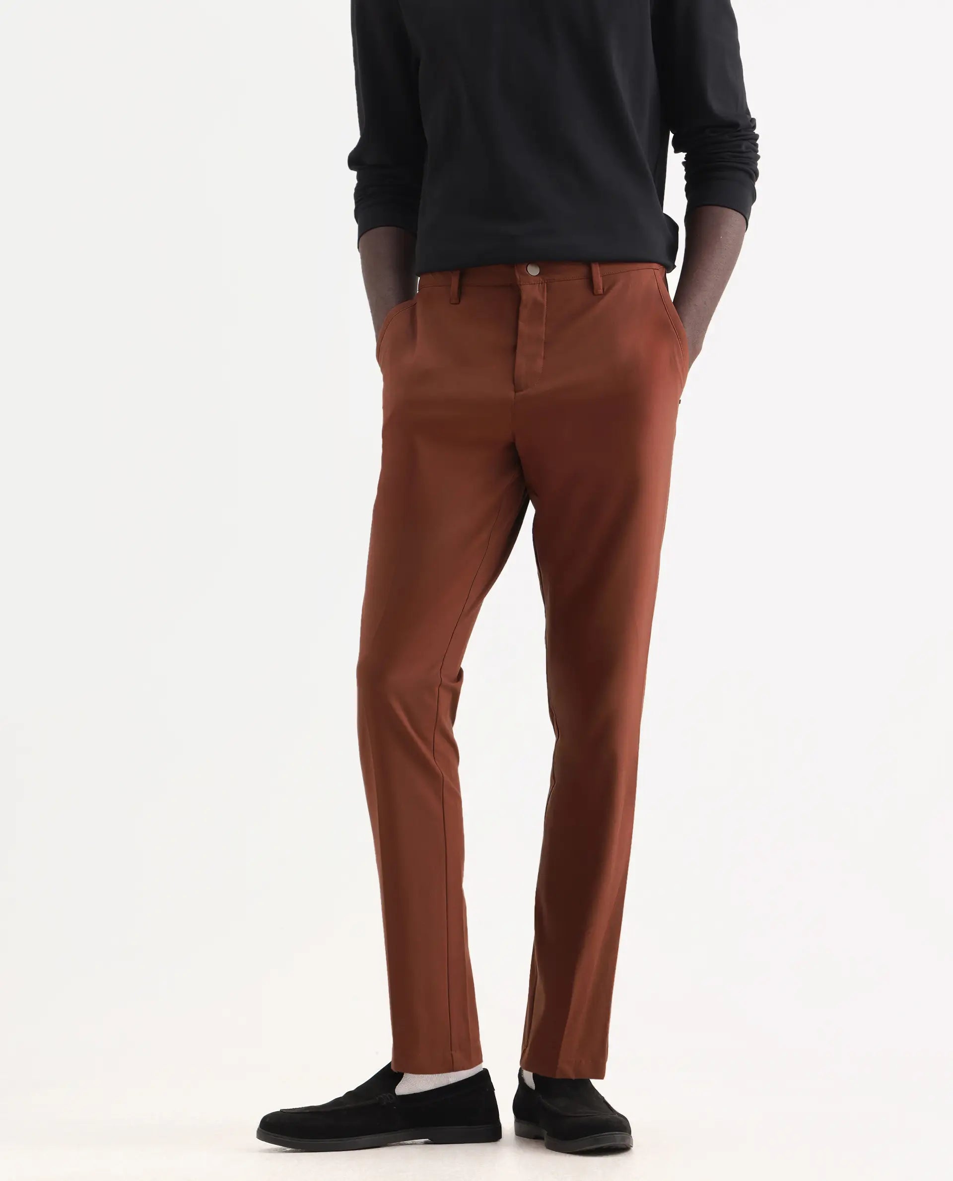 Rare Rabbit Men's Drivers Dark Rust Polyester Blend Plain Regular Fit Trouser