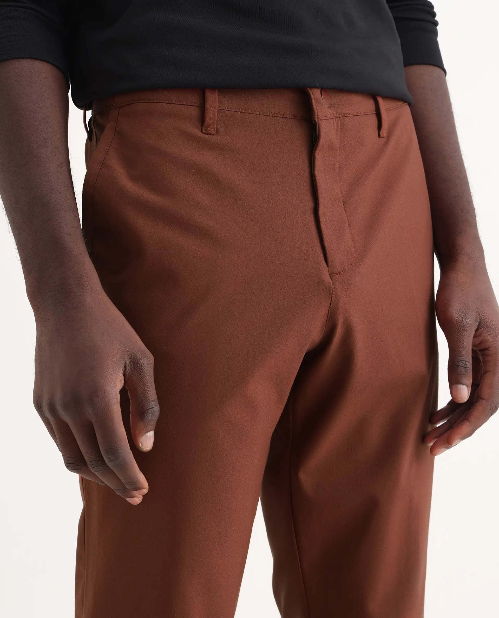 Rare Rabbit Men's Drivers Dark Rust Polyester Blend Plain Regular Fit Trouser