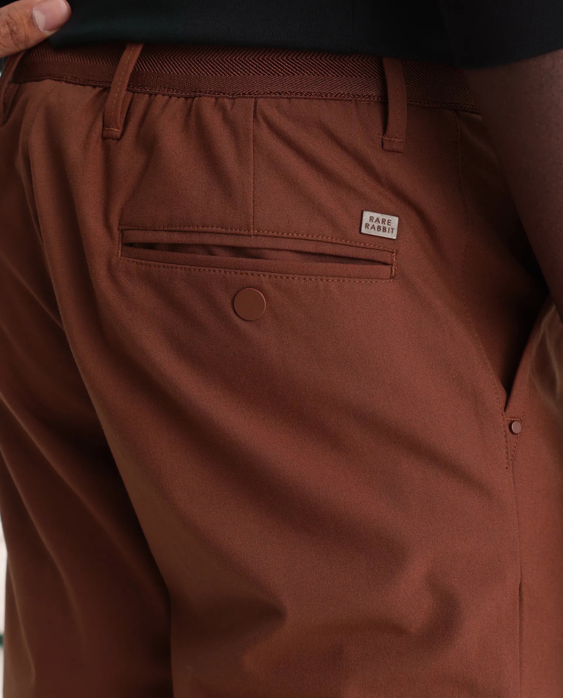 Rare Rabbit Men's Drivers Dark Rust Polyester Blend Plain Regular Fit Trouser