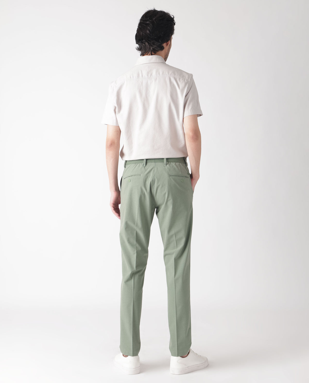 Rare Rabbit Men's Drivers Dusky Green Mid-Rise Bi-Stretch With Elastic Waistband Regular Fit Trouser