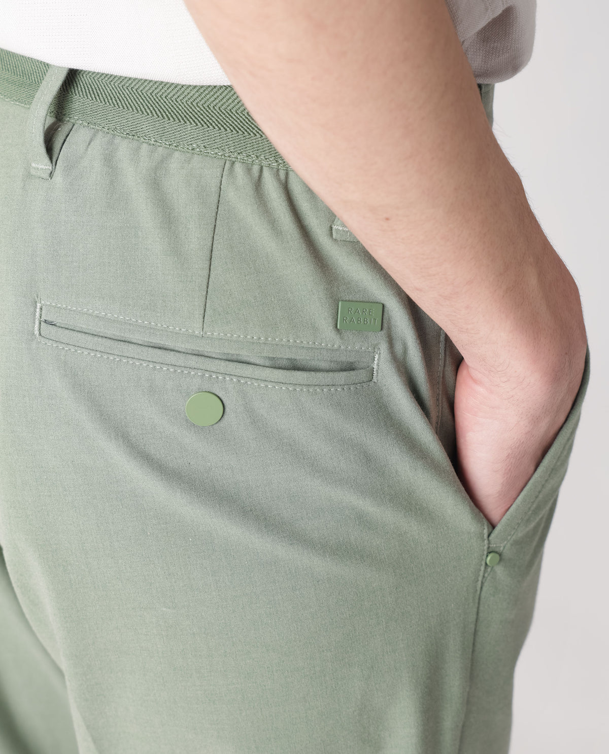 Rare Rabbit Men's Drivers Dusky Green Mid-Rise Bi-Stretch With Elastic Waistband Regular Fit Trouser