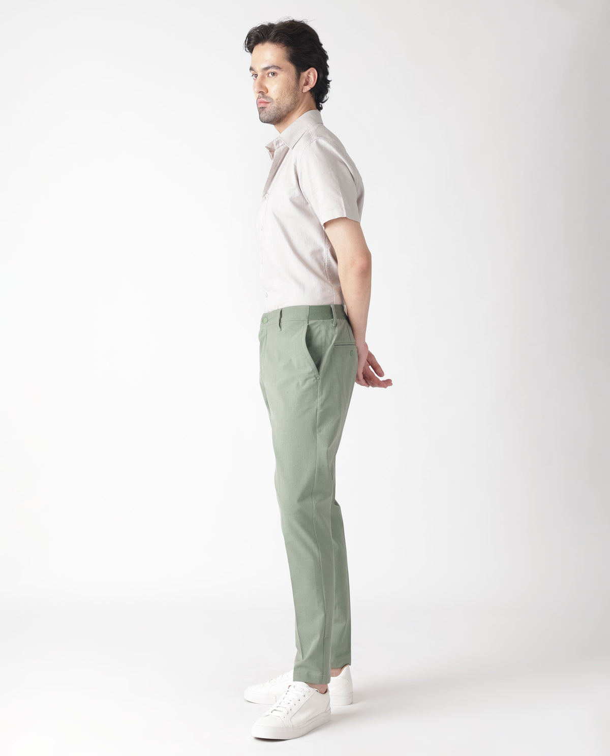 Rare Rabbit Men's Drivers Dusky Green Mid-Rise Bi-Stretch With Elastic Waistband Regular Fit Trouser