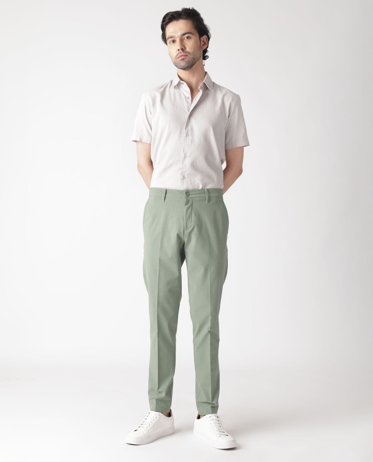 Rare Rabbit Men's Drivers Dusky Green Mid-Rise Bi-Stretch With Elastic Waistband Regular Fit Trouser