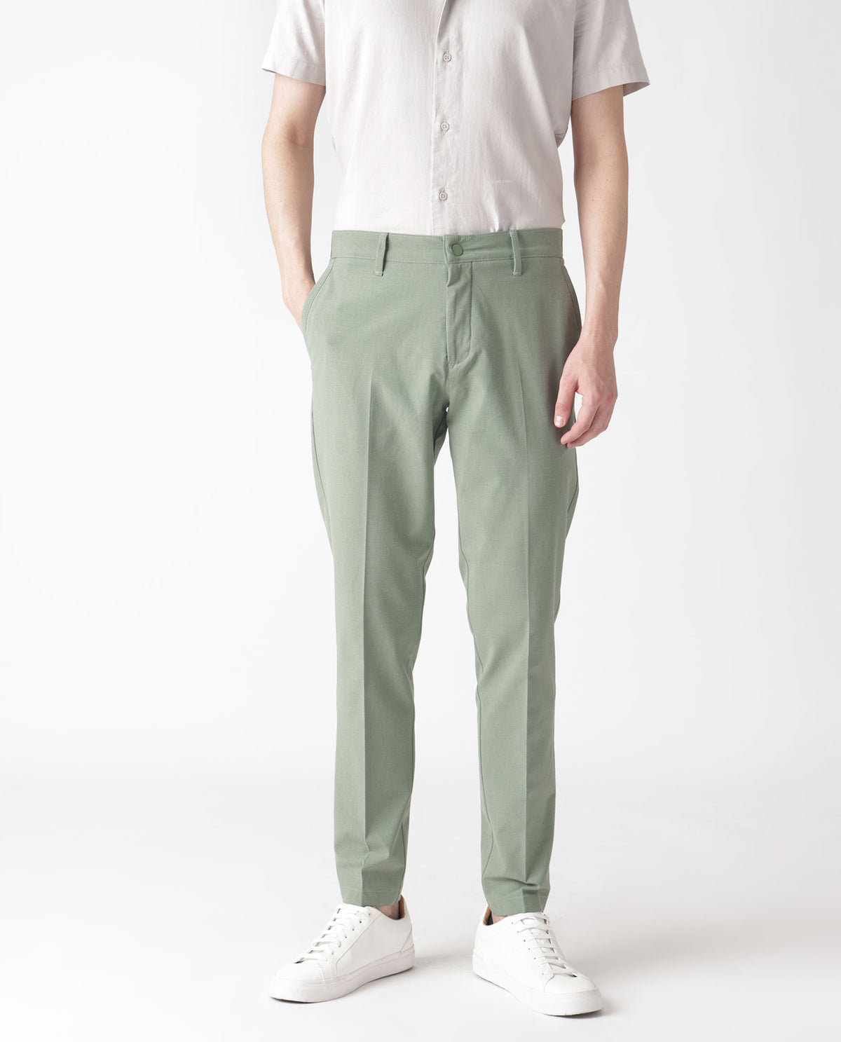 Rare Rabbit Men's Drivers Dusky Green Mid-Rise Bi-Stretch With Elastic Waistband Regular Fit Trouser