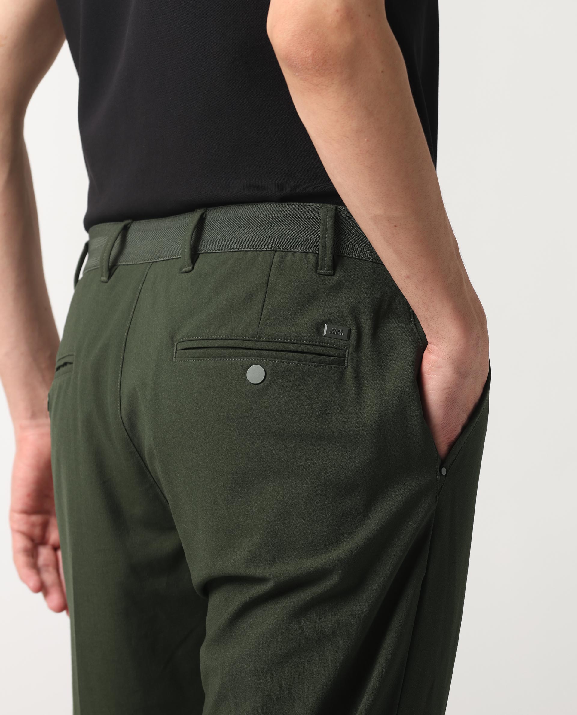 Rare Rabbit Men's Drivers Olive Mid-Rise Bi-Stretch With Elastic Waistband Regular Fit Trouser