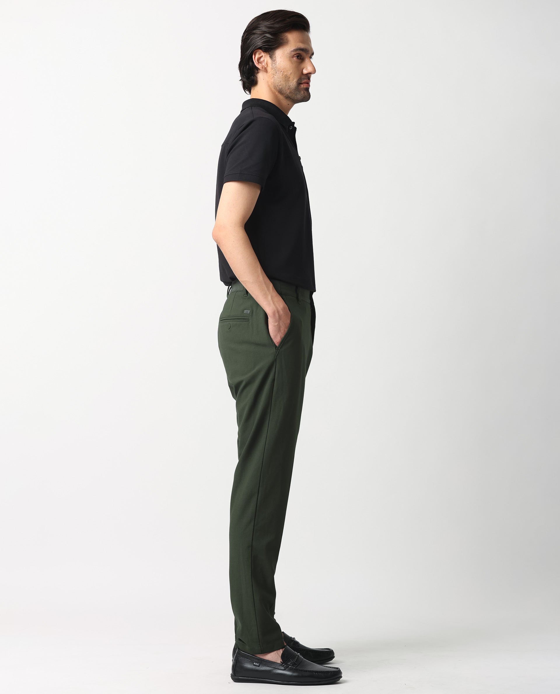 Rare Rabbit Men's Drivers Olive Mid-Rise Bi-Stretch With Elastic Waistband Regular Fit Trouser