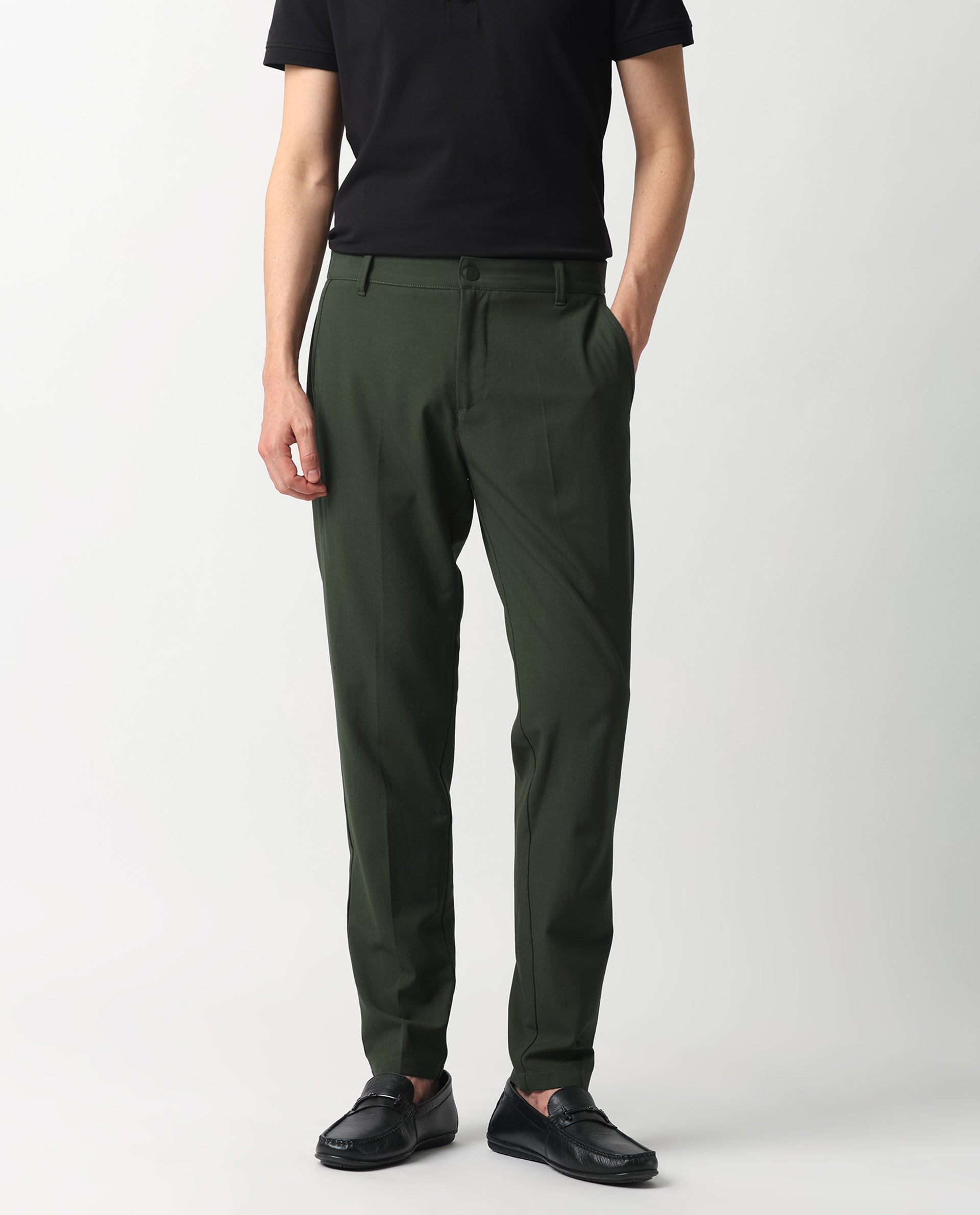 Rare Rabbit Men's Drivers Olive Mid-Rise Bi-Stretch With Elastic Waistband Regular Fit Trouser