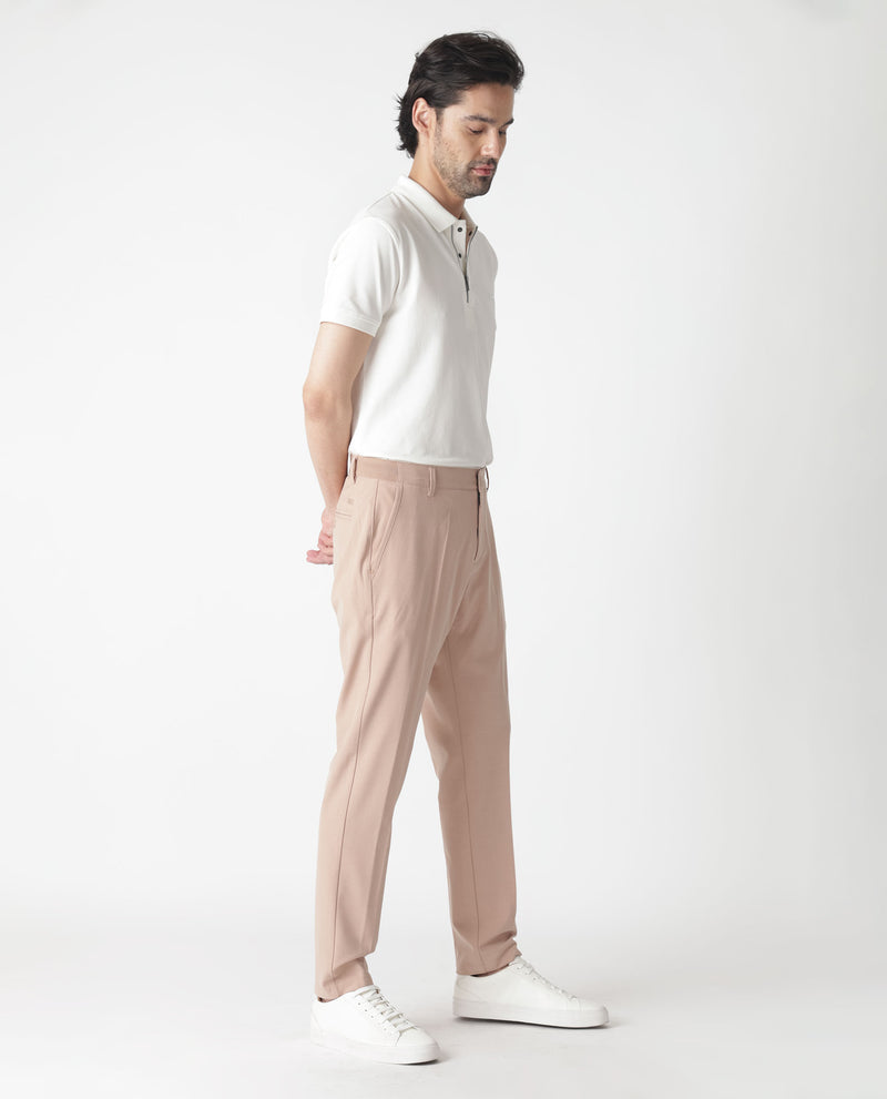 RARE RABBIT MENS DRIVERS PASTEL PINK TROUSER POLY VISCOSE FABRIC MID RISE WOVEN BUTTON AND ZIP CLOSURE CLEAN DISTRESS REGULAR FIT
