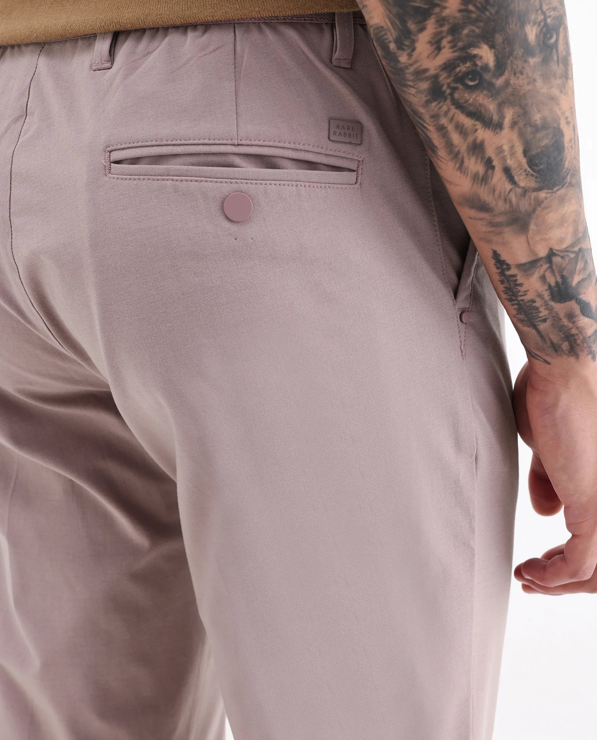 Rare Rabbit Men's Drivers Dusky Pink Polyester Blend Plain Regular Fit Trouser