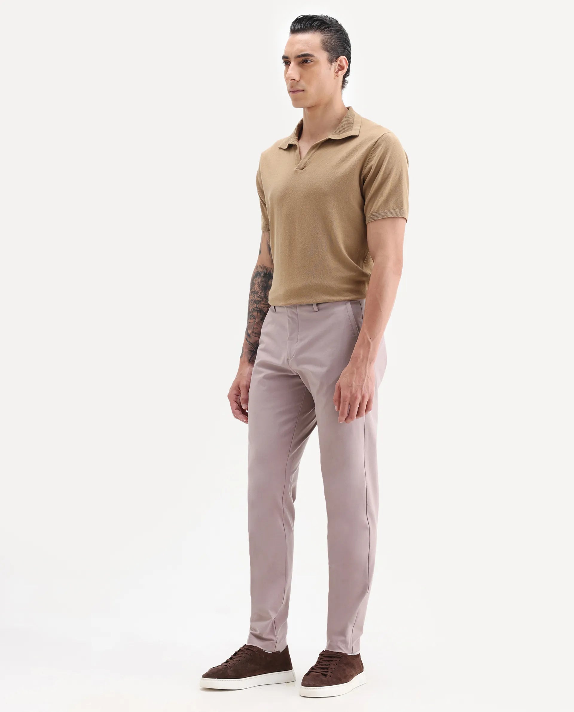 Rare Rabbit Men's Drivers Dusky Pink Polyester Blend Plain Regular Fit Trouser