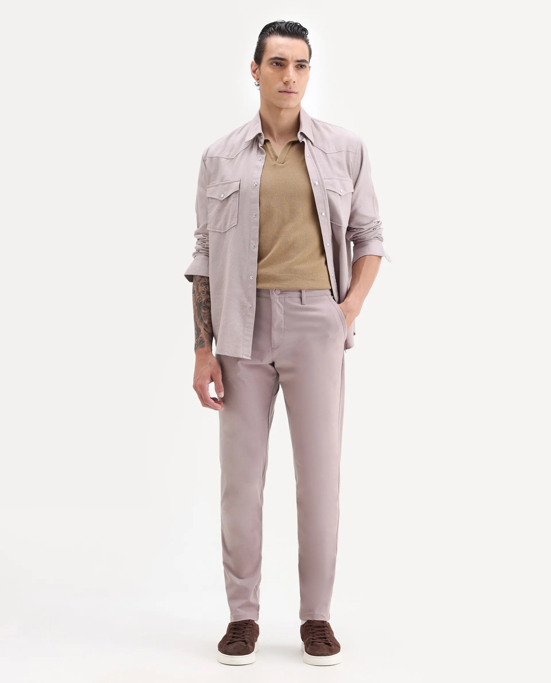 Rare Rabbit Men's Drivers Dusky Pink Polyester Blend Plain Regular Fit Trouser