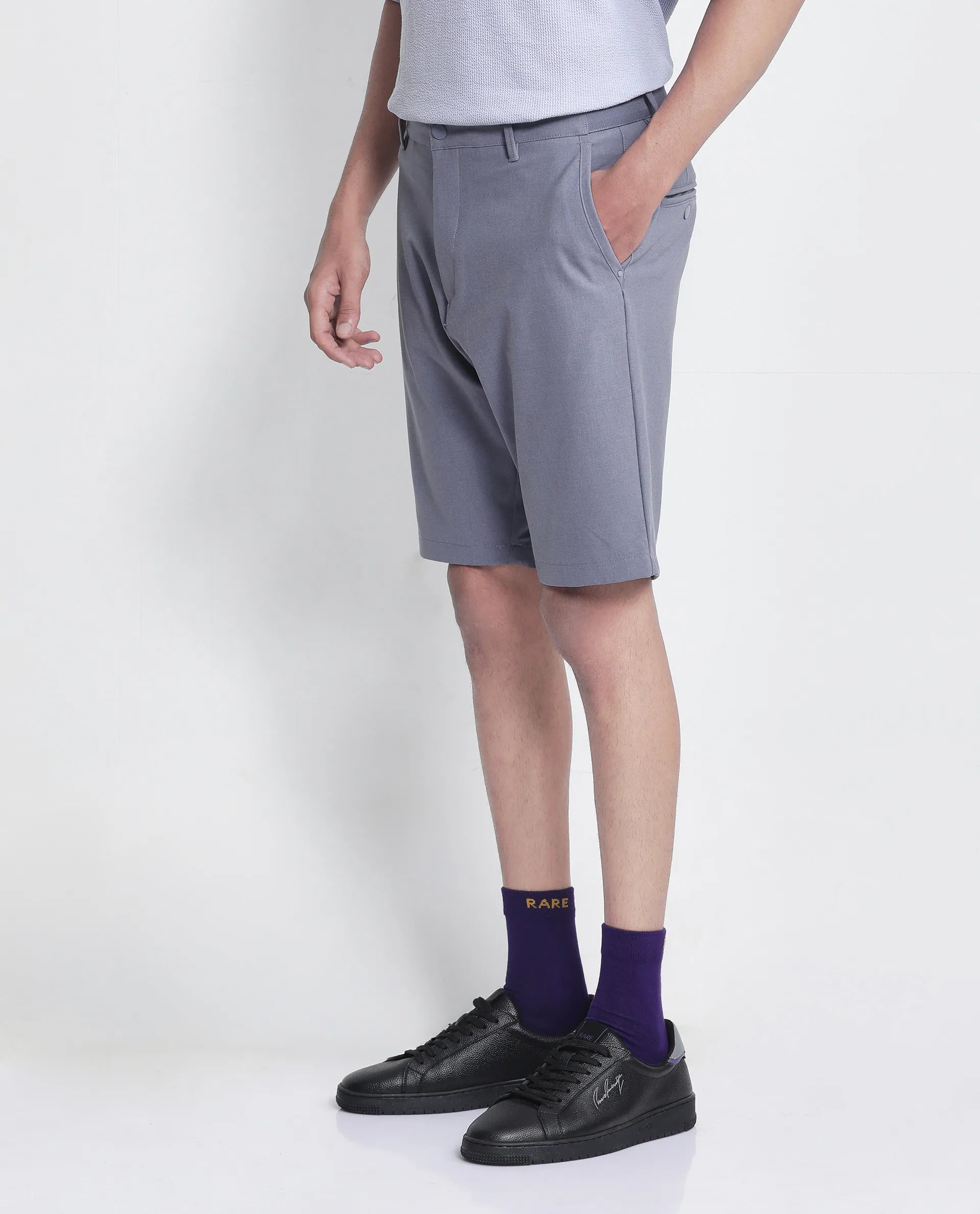 Rare Rabbit Men Drivo Dusky Purple Cotton Elastane Fabric Bi-Stretch Jacquard Waistband Regular Fit Solid Shorts