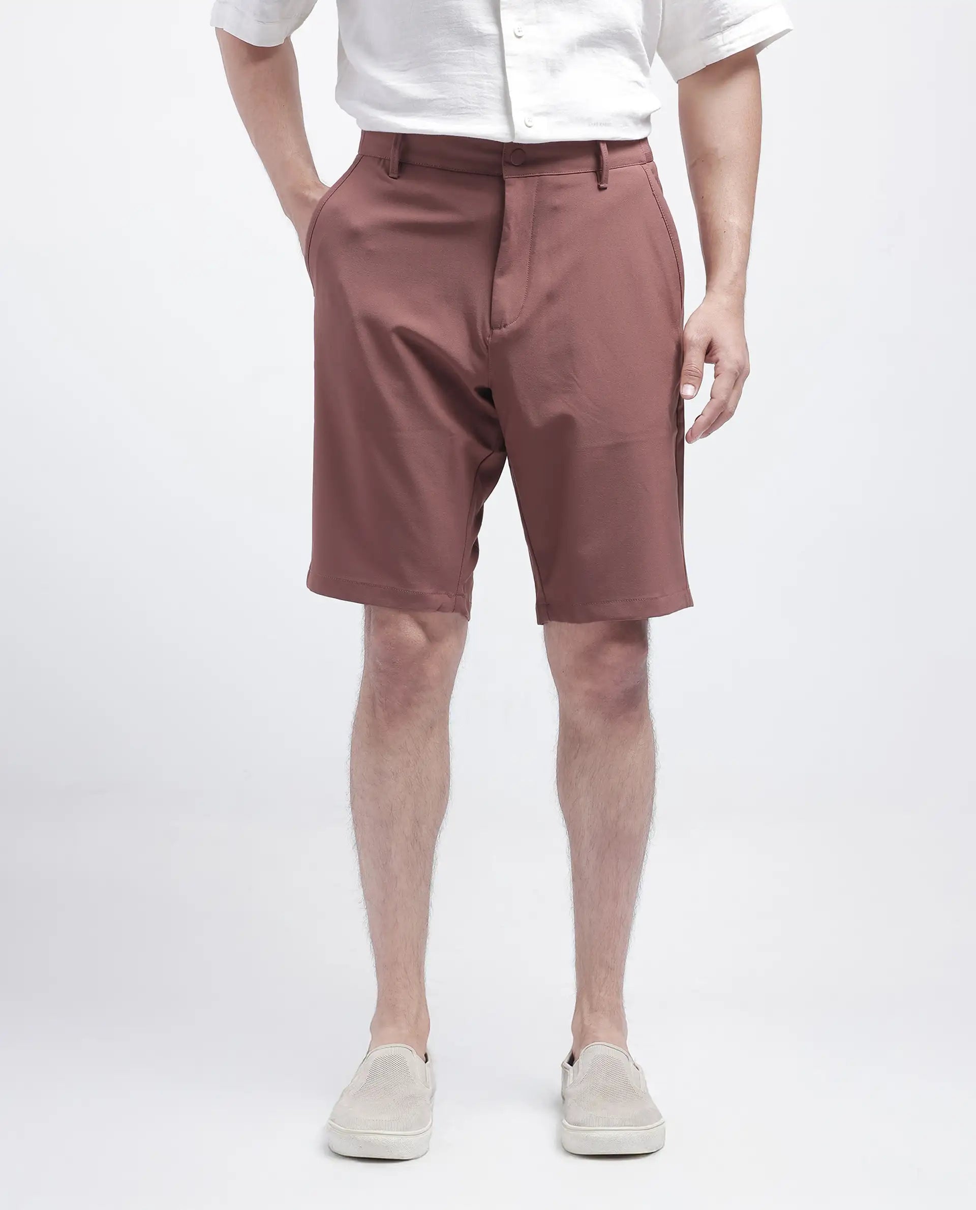 Rare Rabbit Men Drivo Dusky Rust Cotton Elastane Fabric Bi-Stretch Jacquard Waistband Regular Fit Solid Shorts