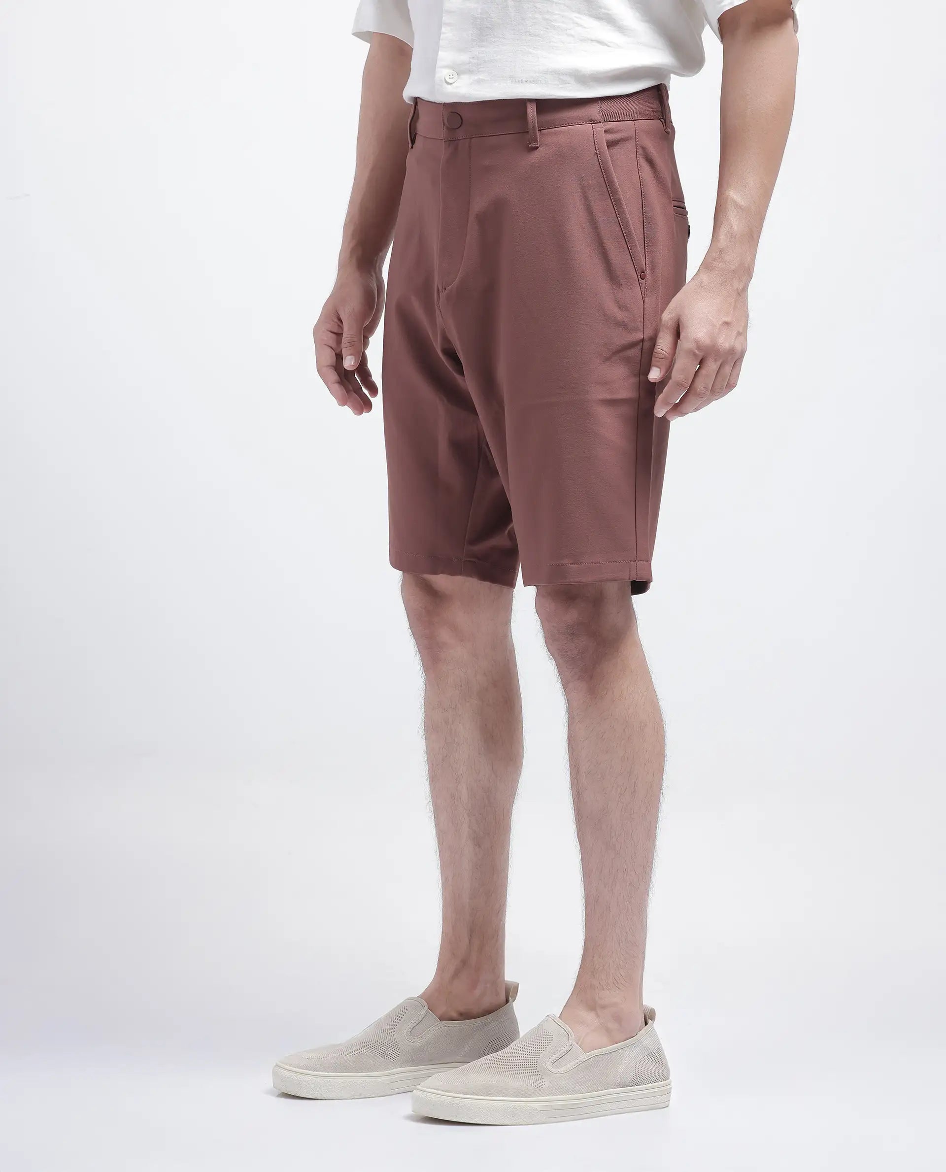 Rare Rabbit Men Drivo Dusky Rust Cotton Elastane Fabric Bi-Stretch Jacquard Waistband Regular Fit Solid Shorts