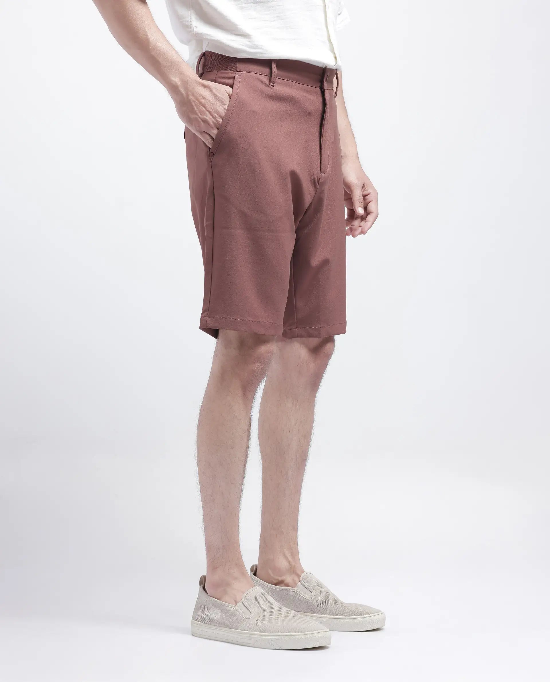 Rare Rabbit Men Drivo Dusky Rust Cotton Elastane Fabric Bi-Stretch Jacquard Waistband Regular Fit Solid Shorts