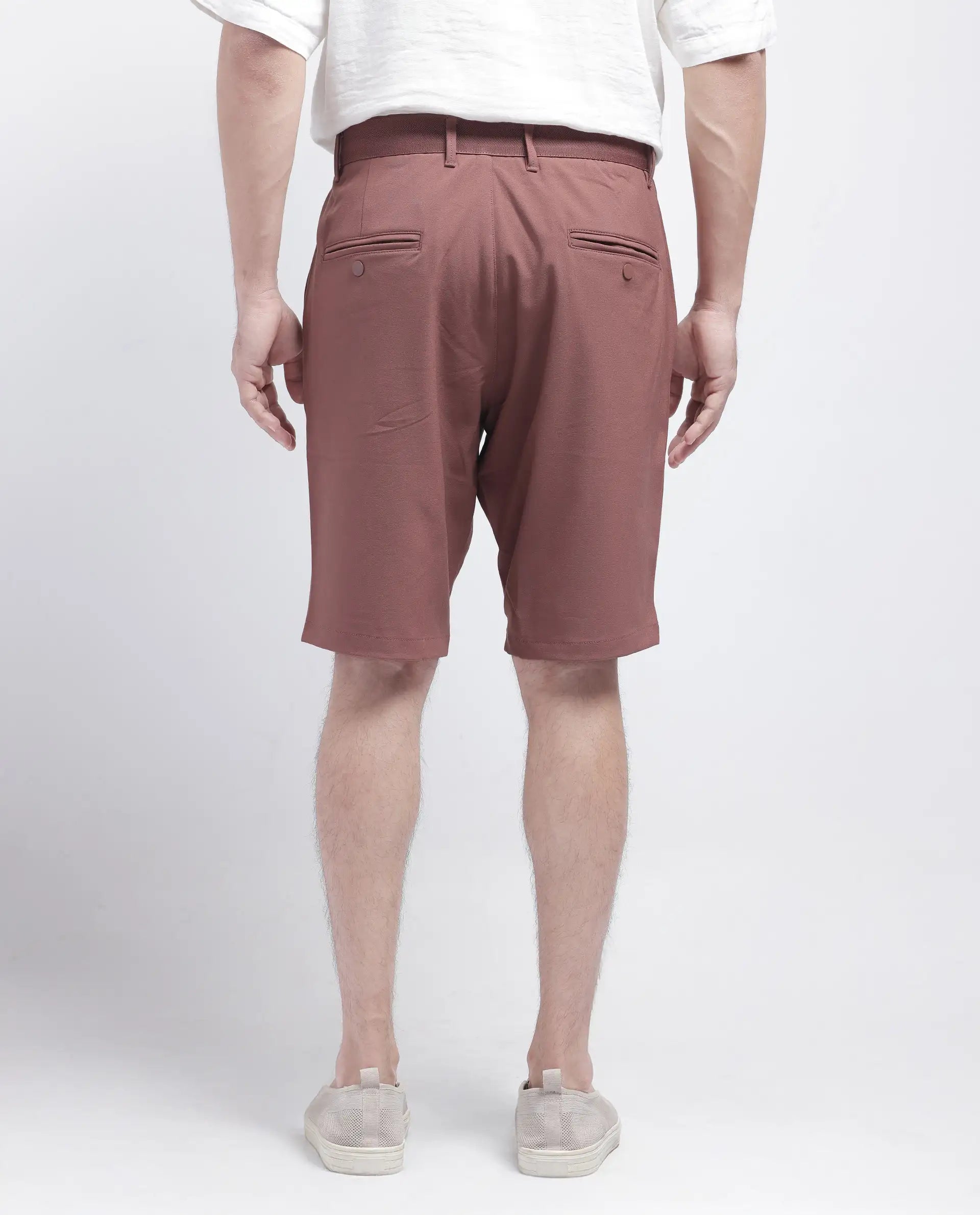 Rare Rabbit Men Drivo Dusky Rust Cotton Elastane Fabric Bi-Stretch Jacquard Waistband Regular Fit Solid Shorts