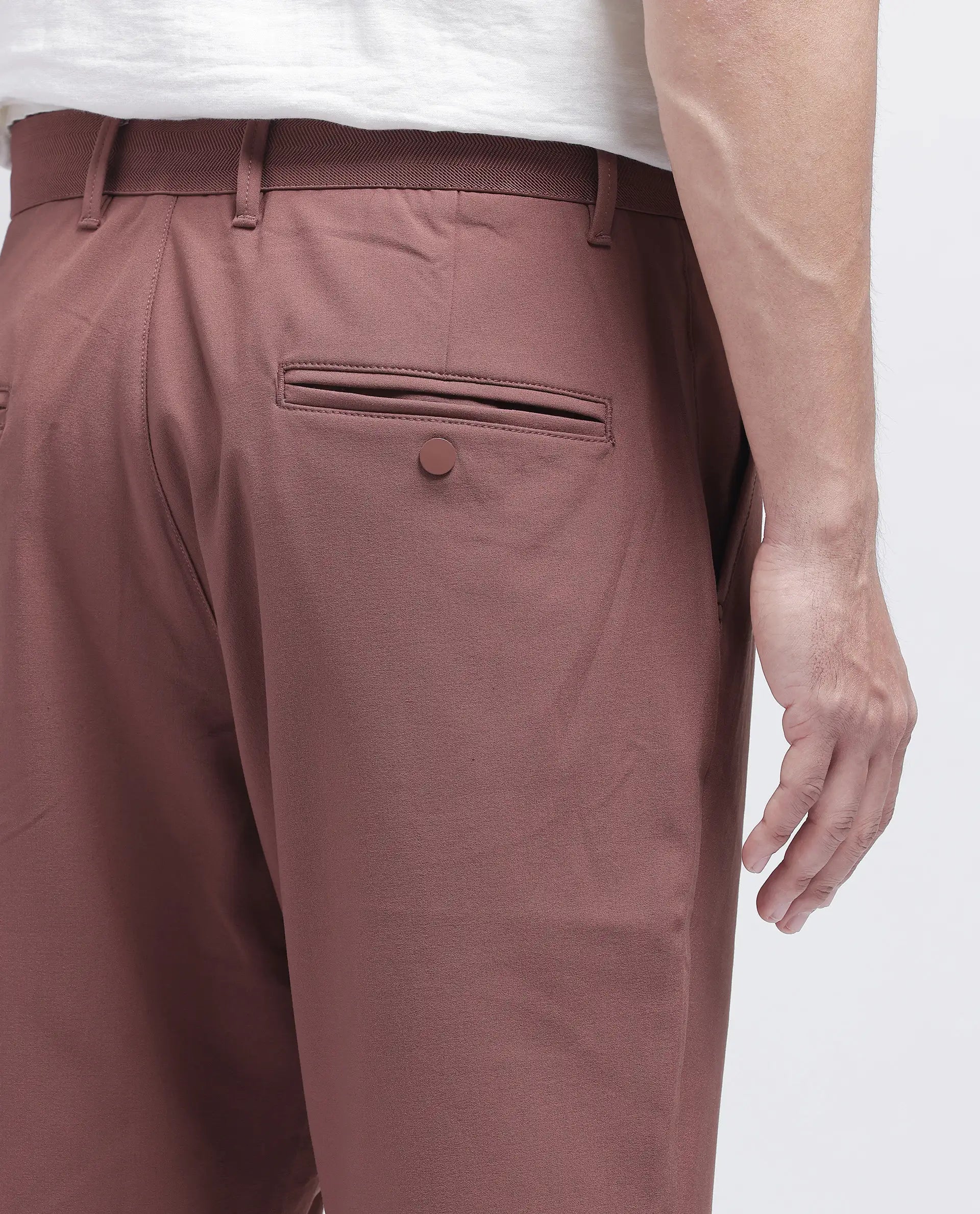 Rare Rabbit Men Drivo Dusky Rust Cotton Elastane Fabric Bi-Stretch Jacquard Waistband Regular Fit Solid Shorts