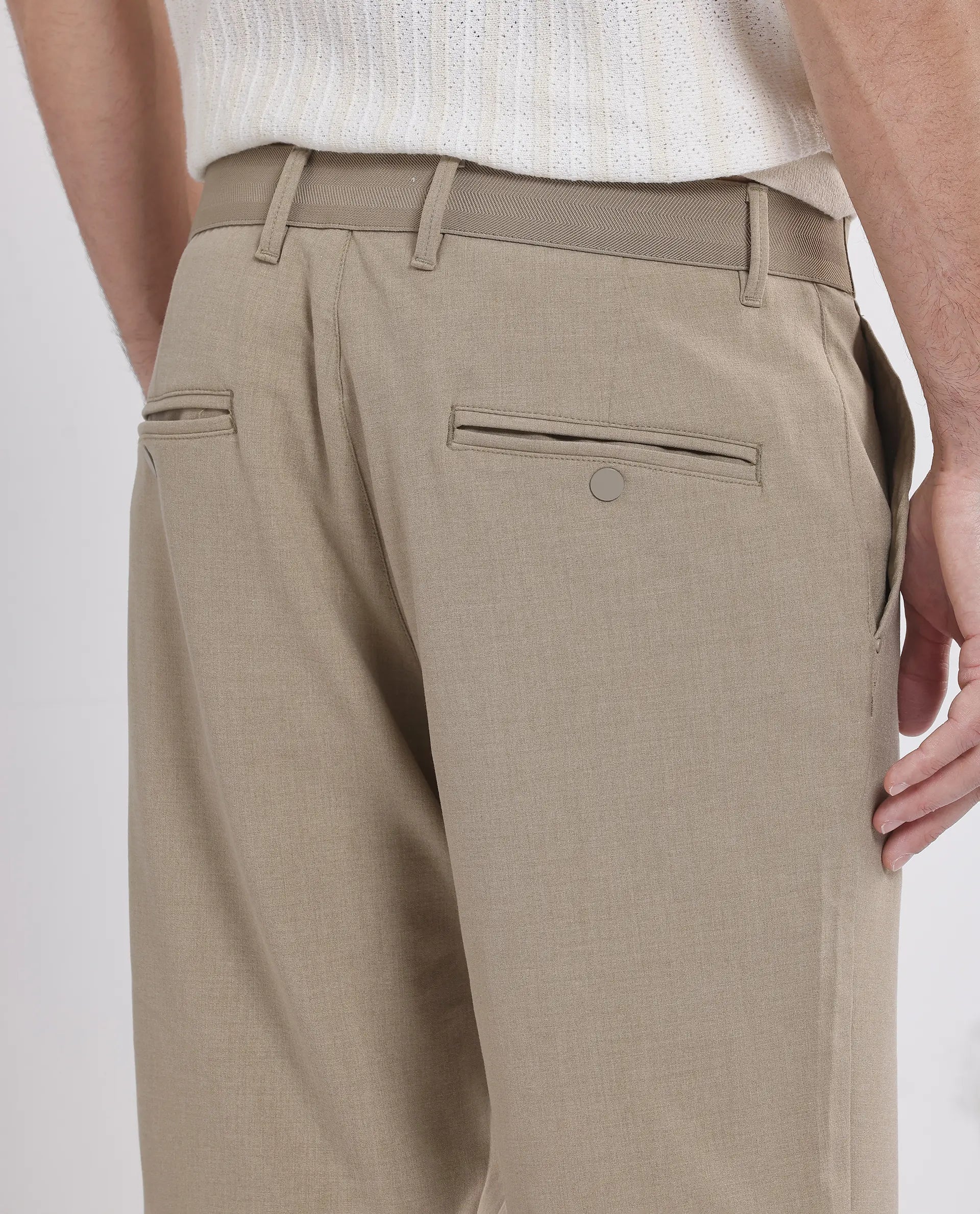 Rare Rabbit Men Drivo Khaki Cotton Elastane Fabric Bi-Stretch Jacquard Waistband Regular Fit Solid Shorts