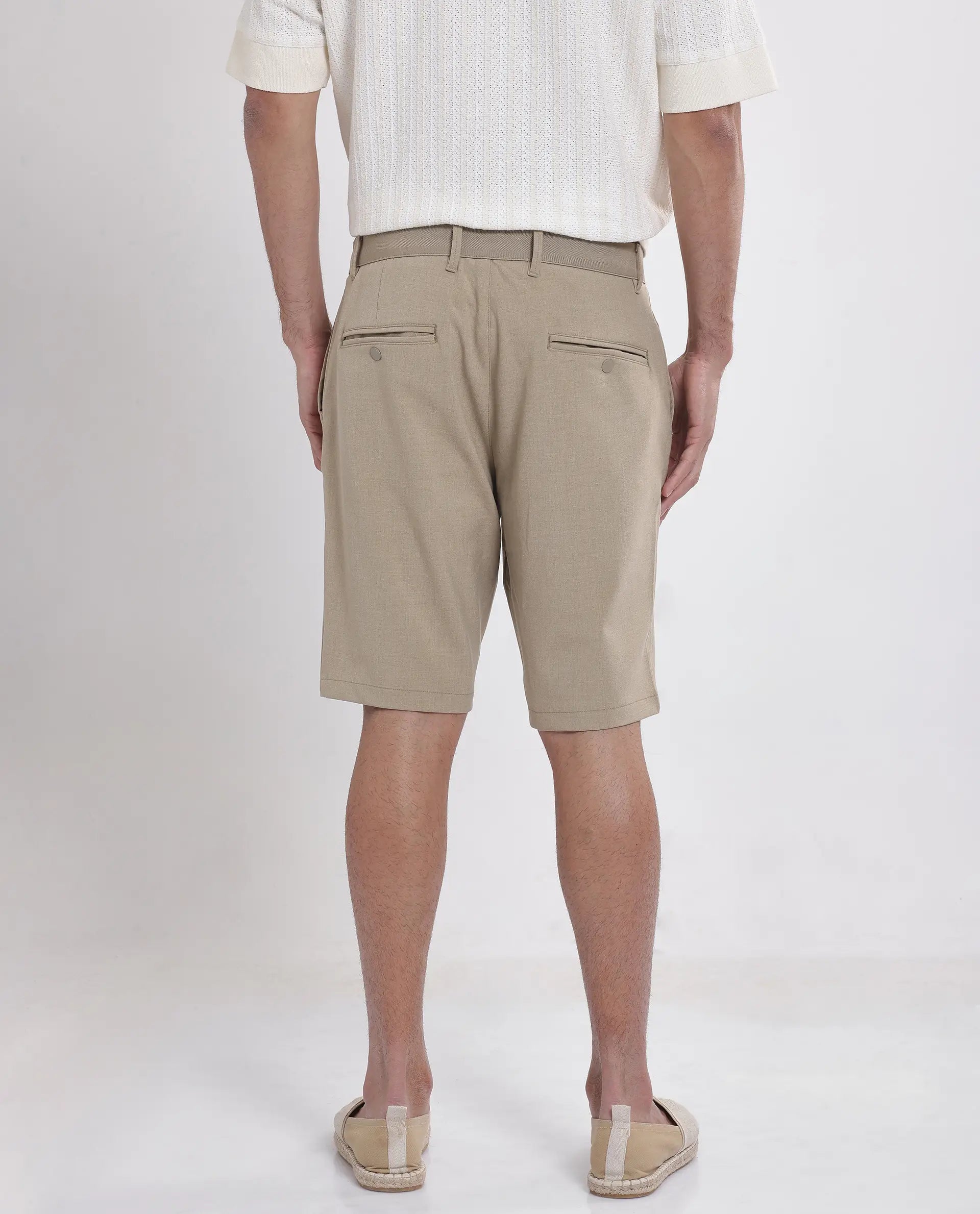 Rare Rabbit Men Drivo Khaki Cotton Elastane Fabric Bi-Stretch Jacquard Waistband Regular Fit Solid Shorts