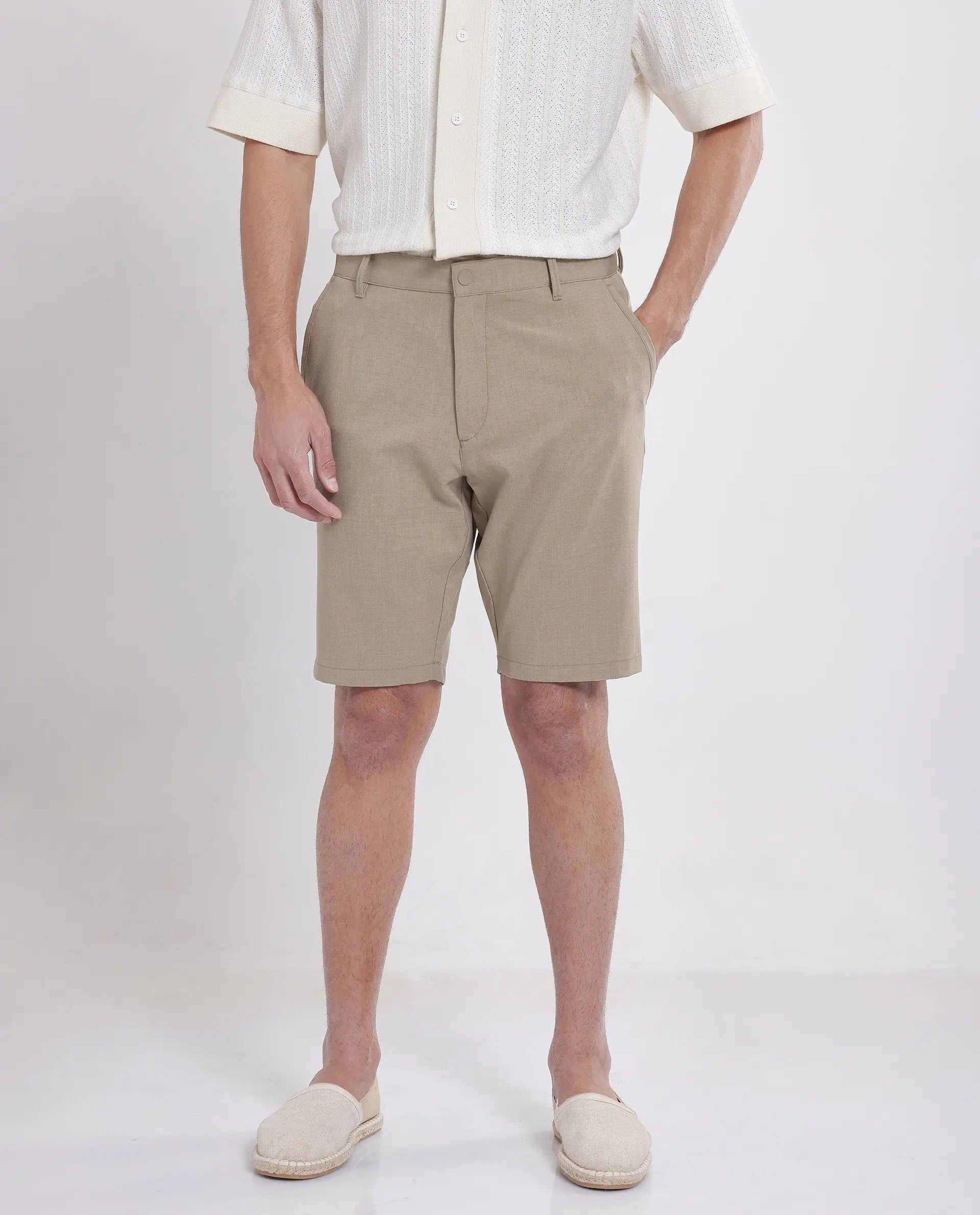 Rare Rabbit Men Drivo Khaki Cotton Elastane Fabric Bi-Stretch Jacquard Waistband Regular Fit Solid Shorts