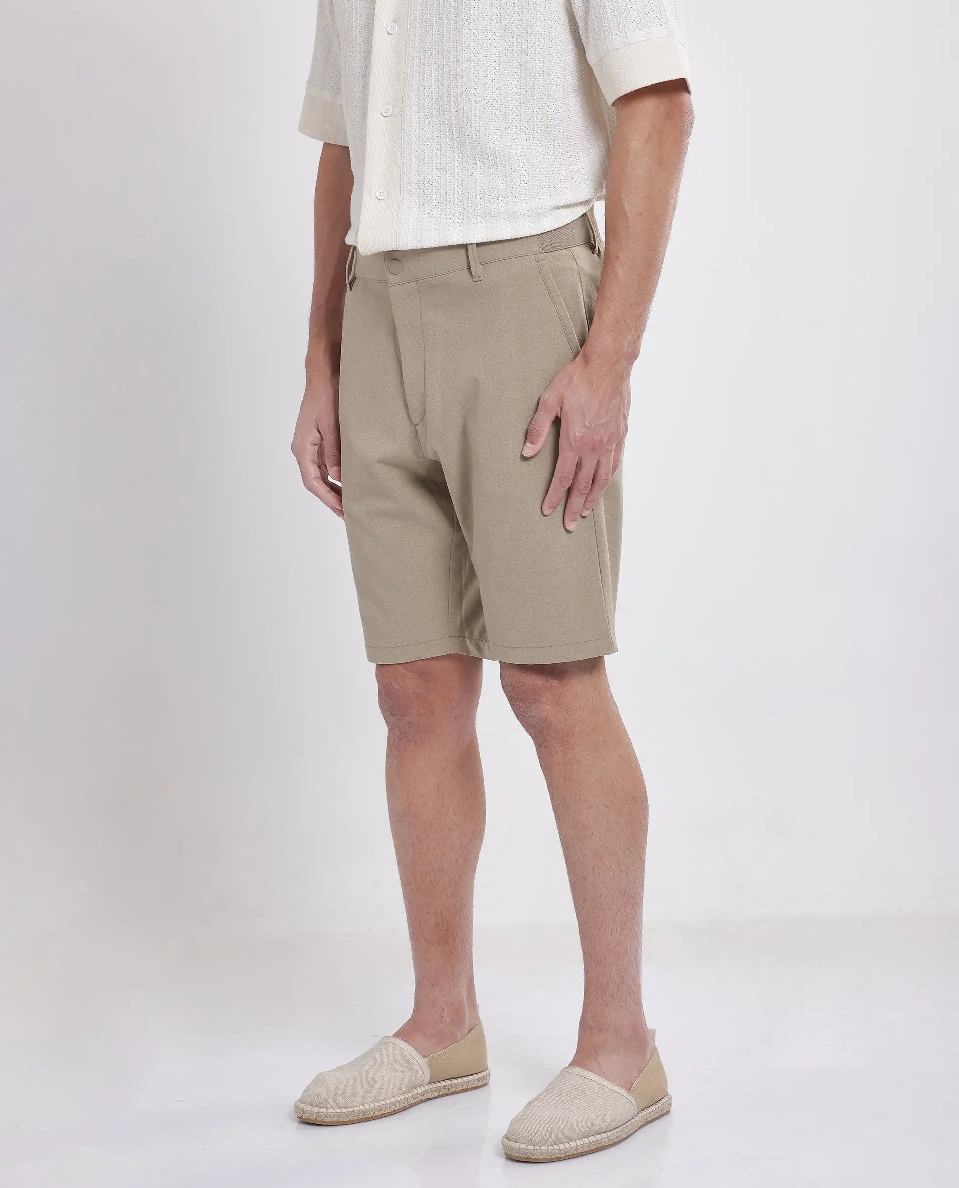Rare Rabbit Men Drivo Khaki Cotton Elastane Fabric Bi-Stretch Jacquard Waistband Regular Fit Solid Shorts
