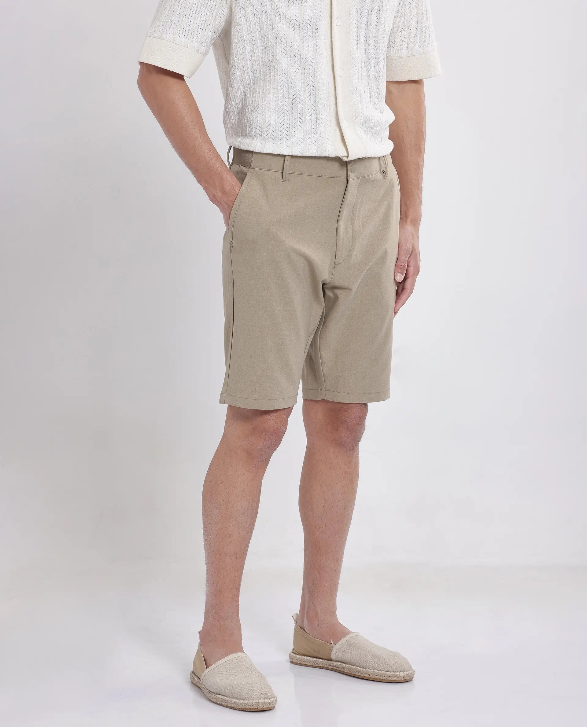 Rare Rabbit Men Drivo Khaki Cotton Elastane Fabric Bi-Stretch Jacquard Waistband Regular Fit Solid Shorts