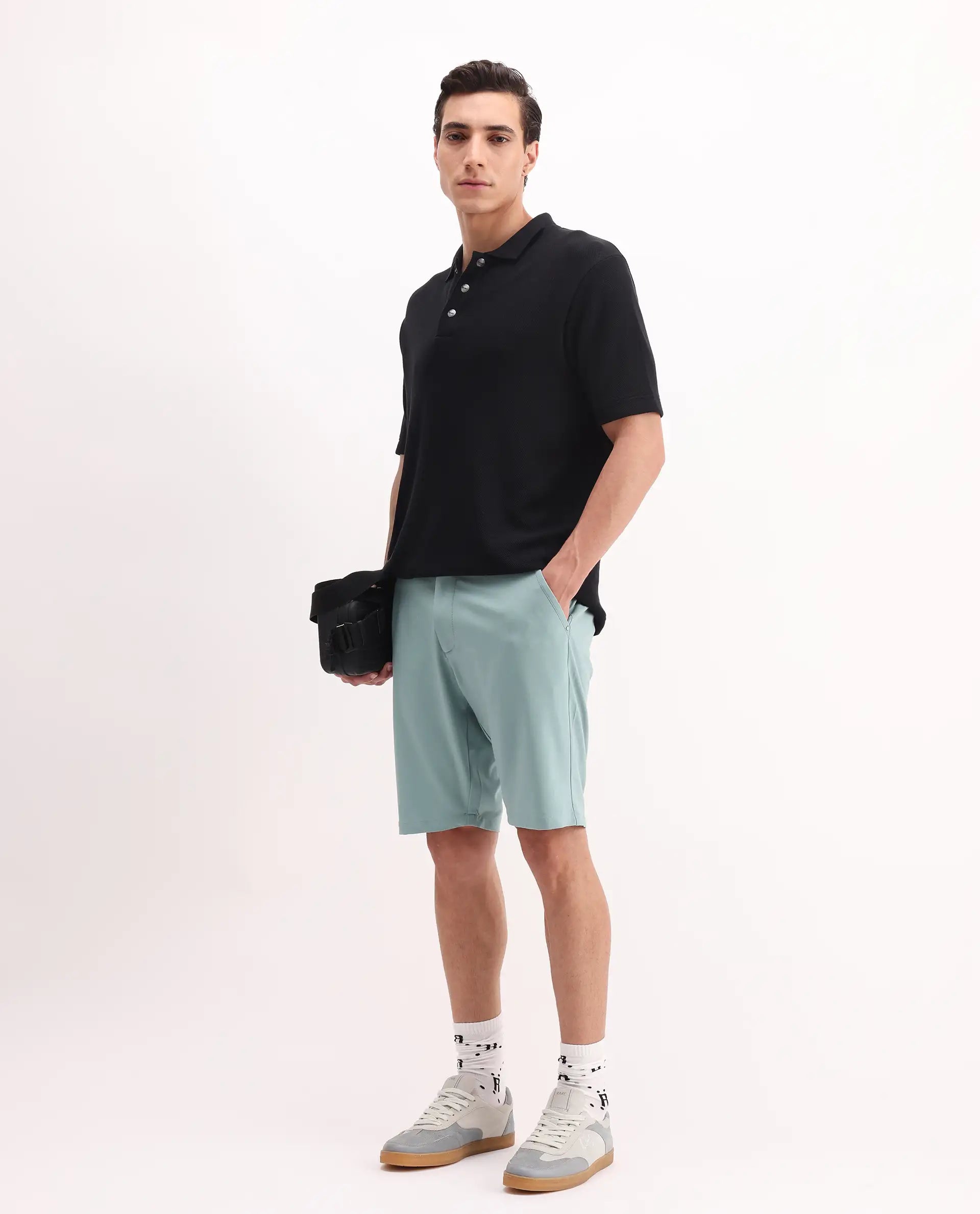 Rare Rabbit Men's Drivo Pastel Green Cotton Blend Plain Regular Fit Shorts