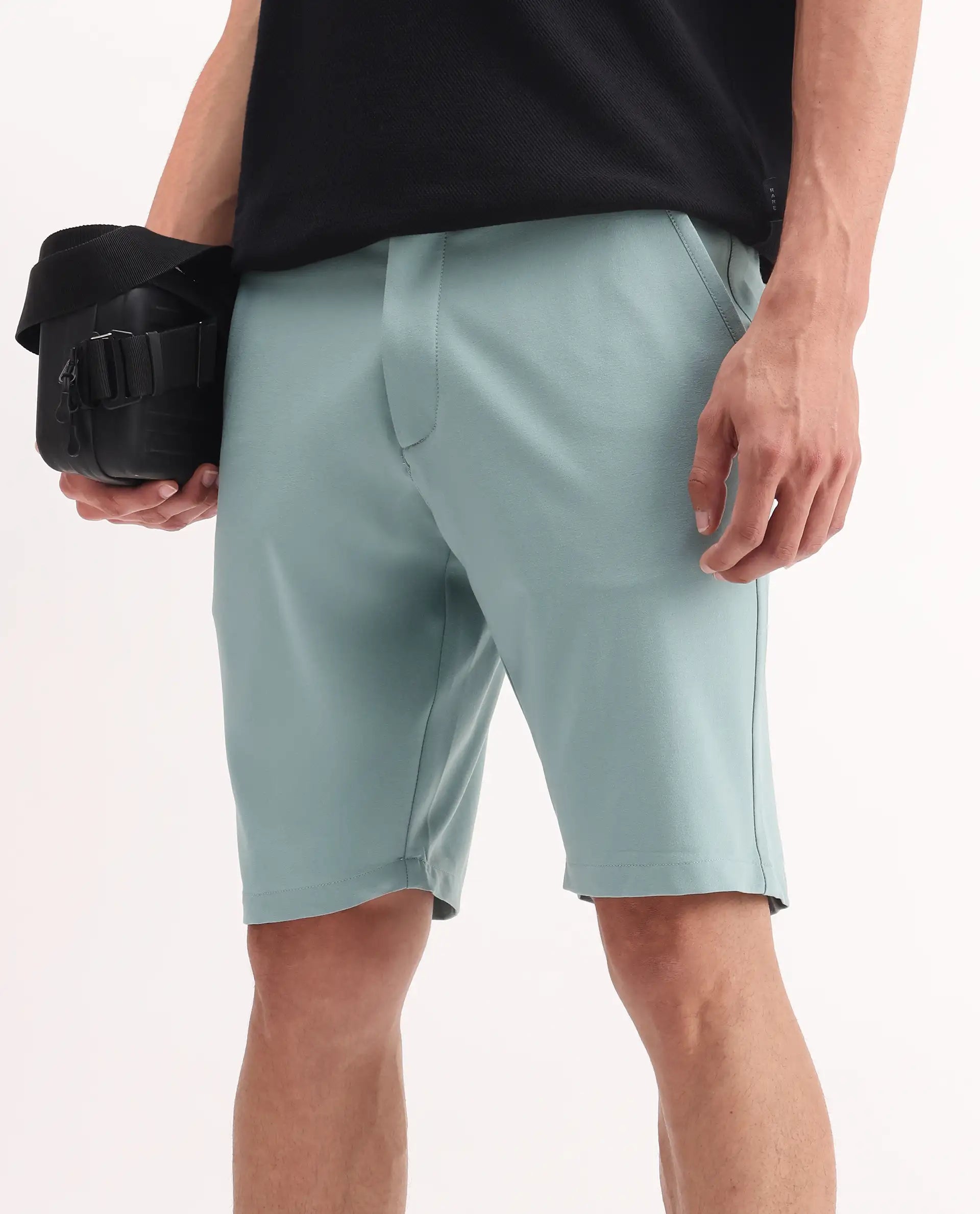 Rare Rabbit Men's Drivo Pastel Green Cotton Blend Plain Regular Fit Shorts