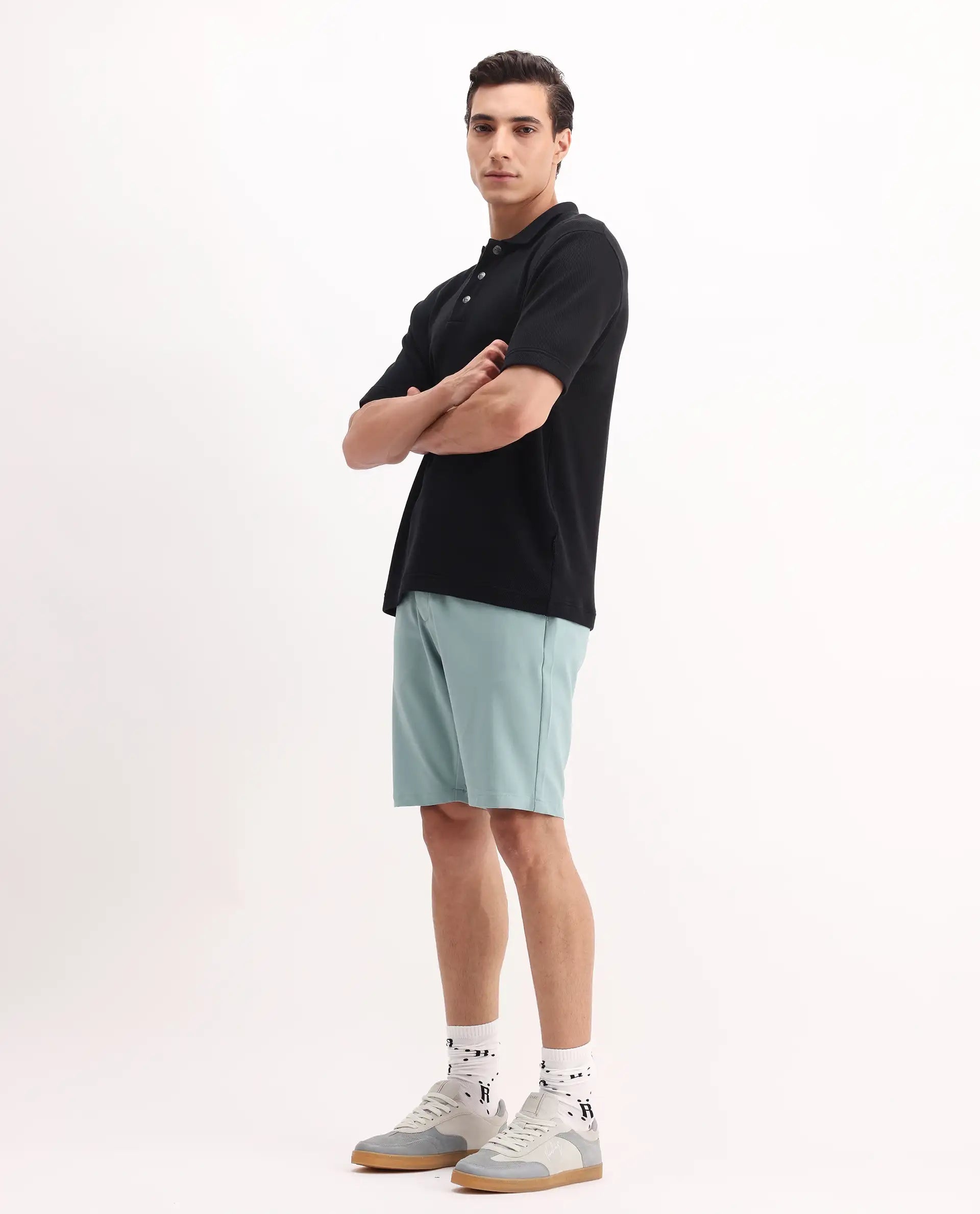 Rare Rabbit Men's Drivo Pastel Green Cotton Blend Plain Regular Fit Shorts