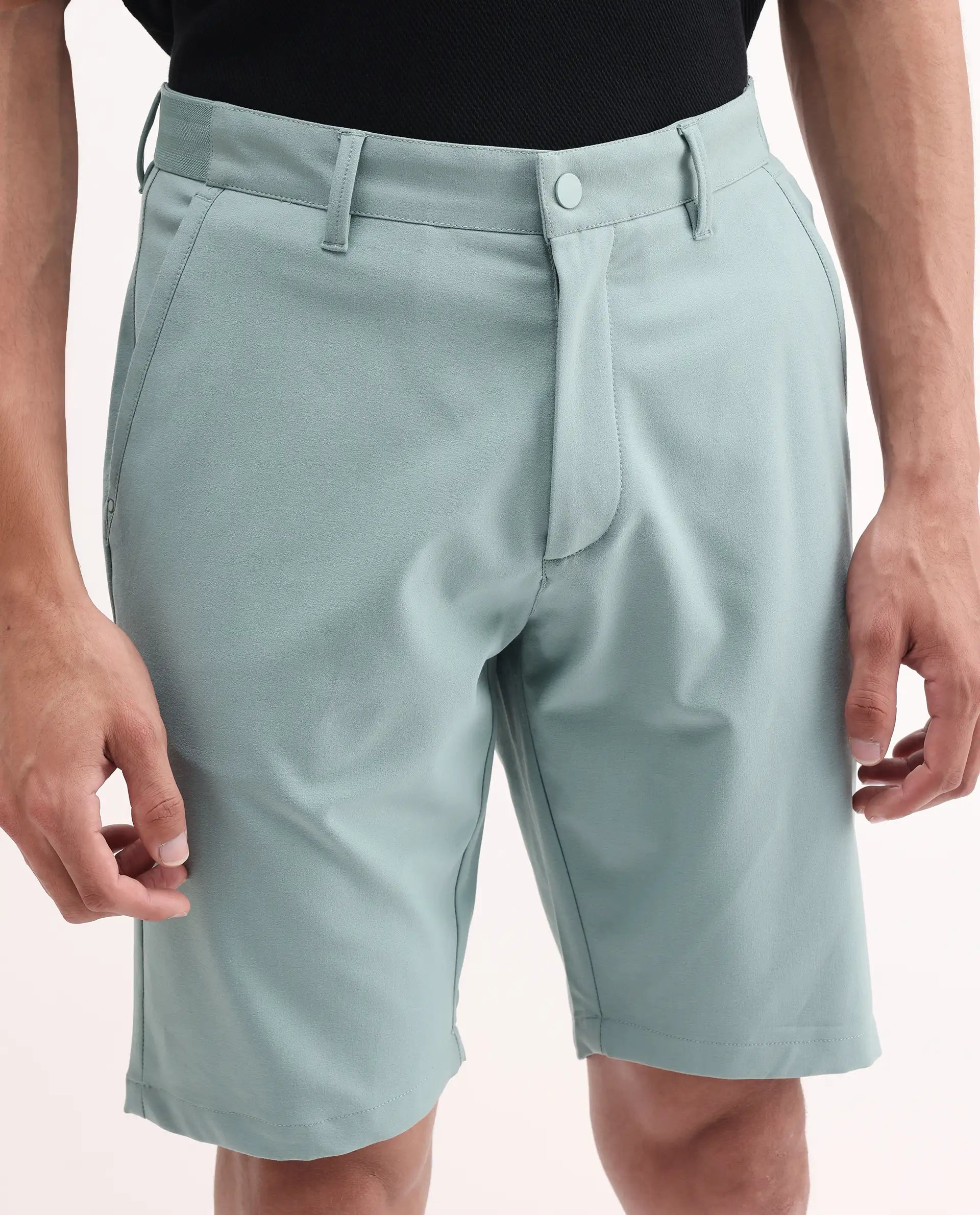 Rare Rabbit Men's Drivo Pastel Green Cotton Blend Plain Regular Fit Shorts