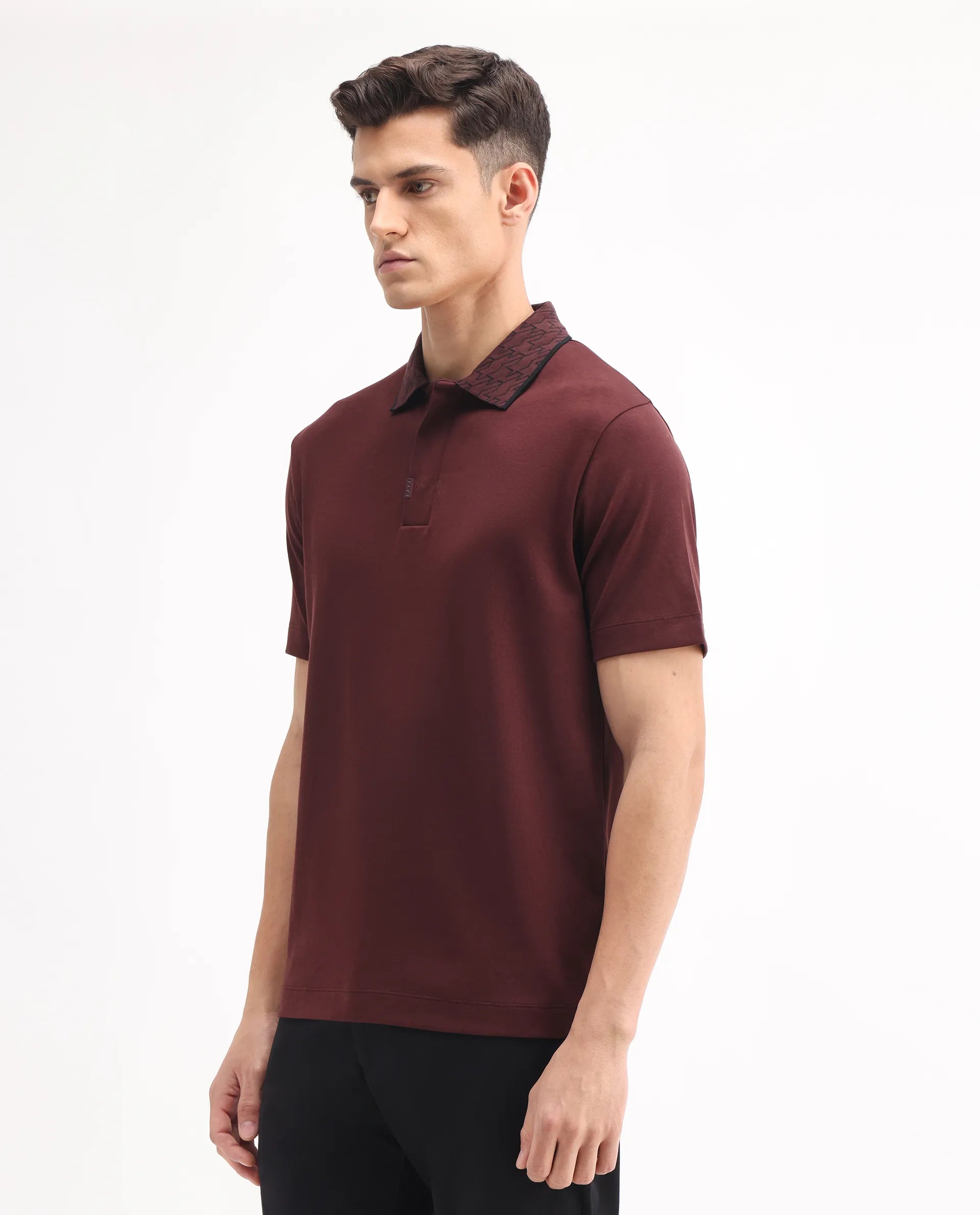 Rare Rabbit Men's Drix Dark Rust Cotton Plain Regular Fit Half Sleeve Polo