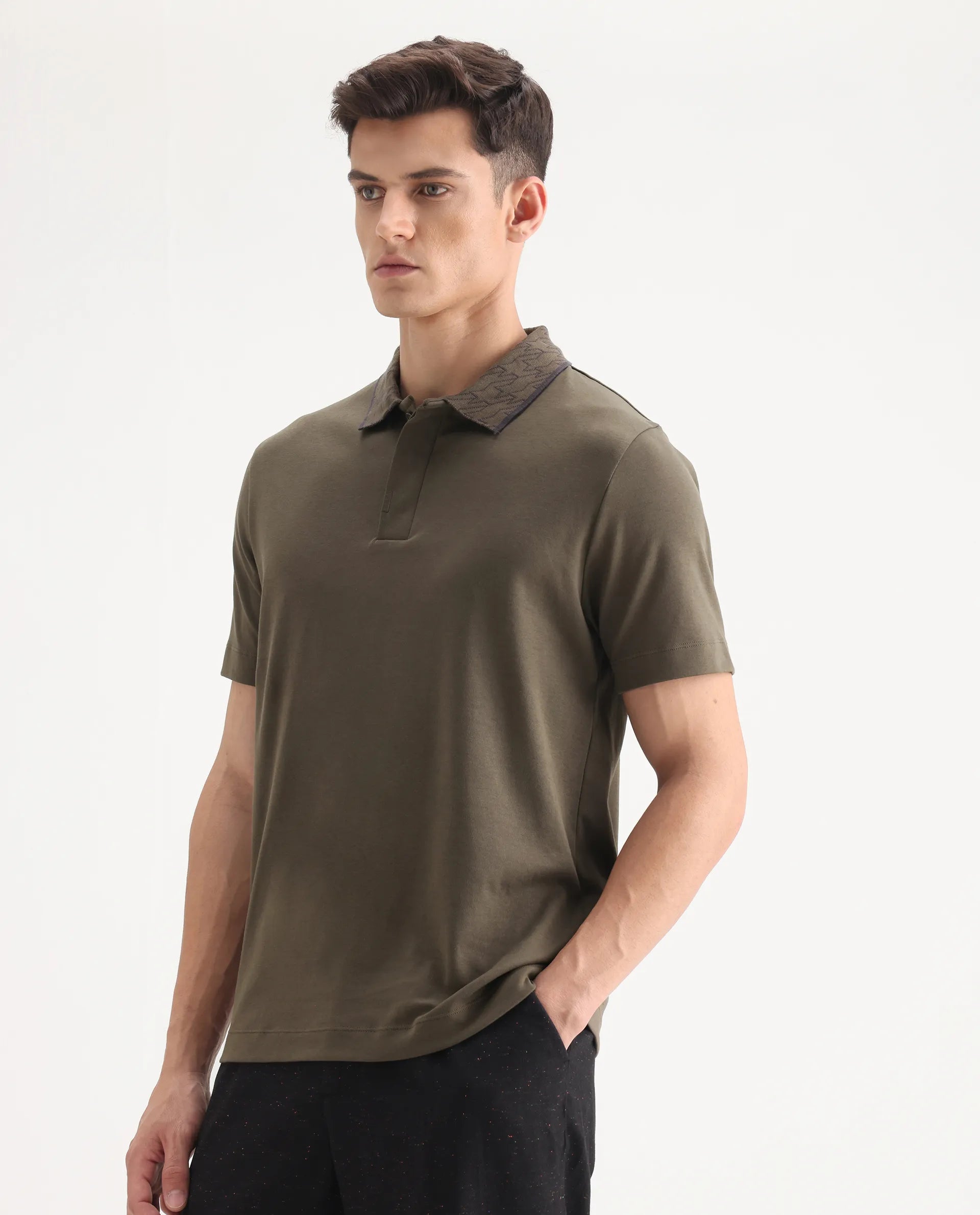Rare Rabbit Men's Drix Olive Cotton Plain Regular Fit Half Sleeve Polo