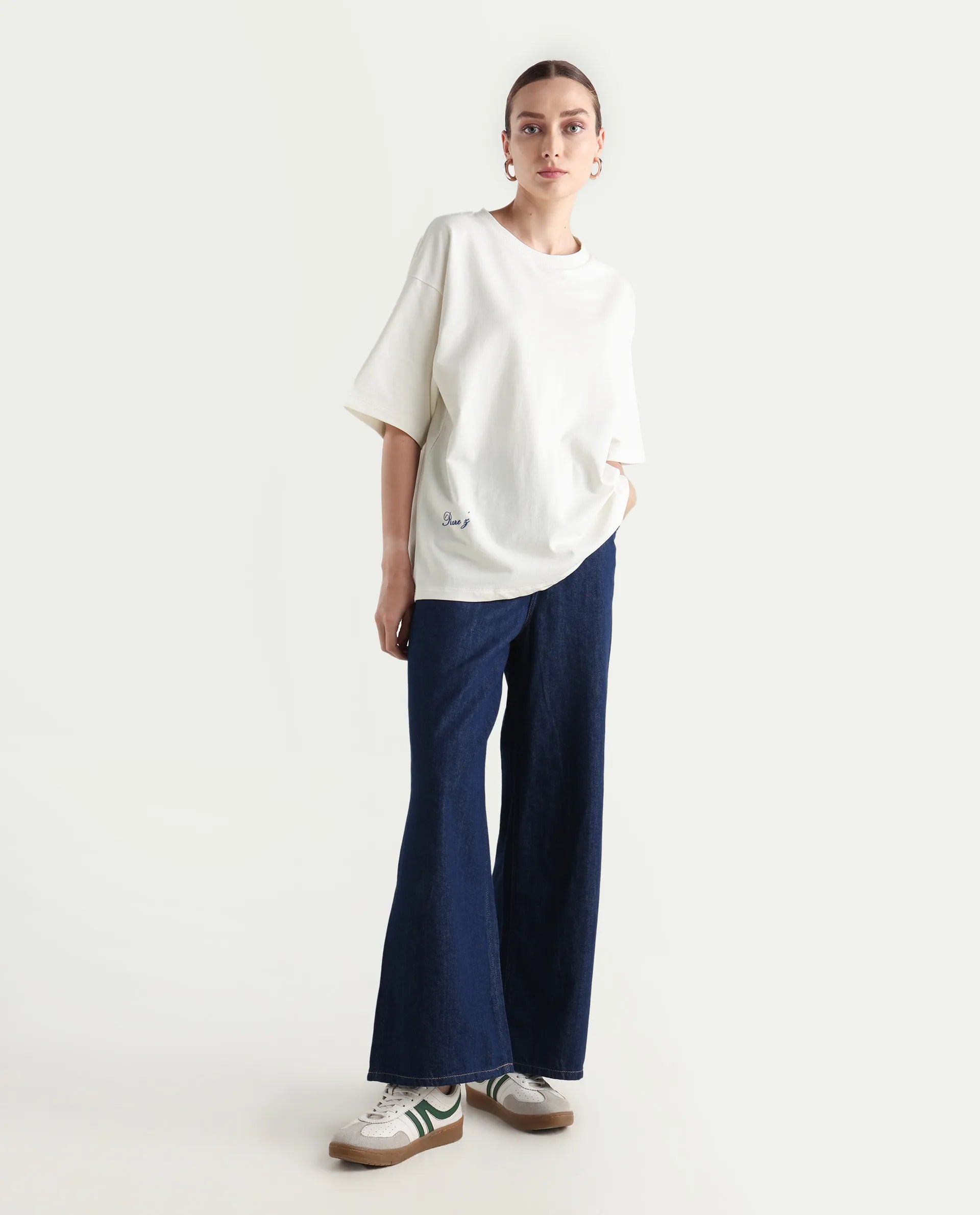 Rareism Women's Droako Off White Cotton Graphic Print Oversized T-Shirt