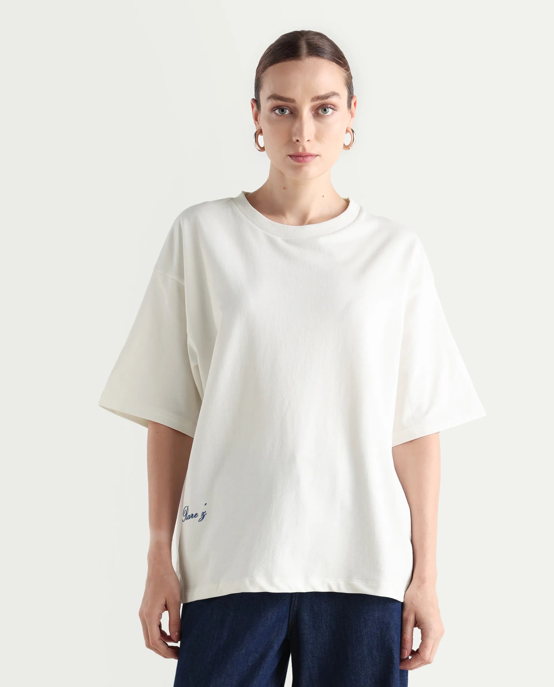 Rareism Women's Droako Off White Cotton Graphic Print Oversized T-Shirt