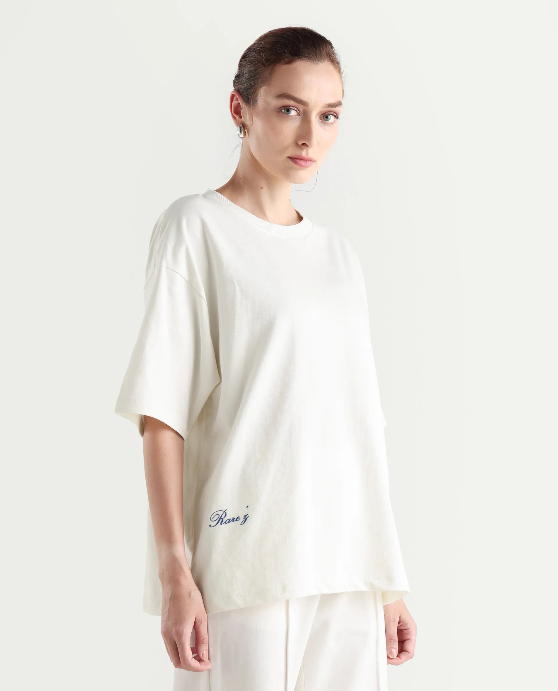 Rareism Women's Droako Off White Cotton Graphic Print Oversized T-Shirt