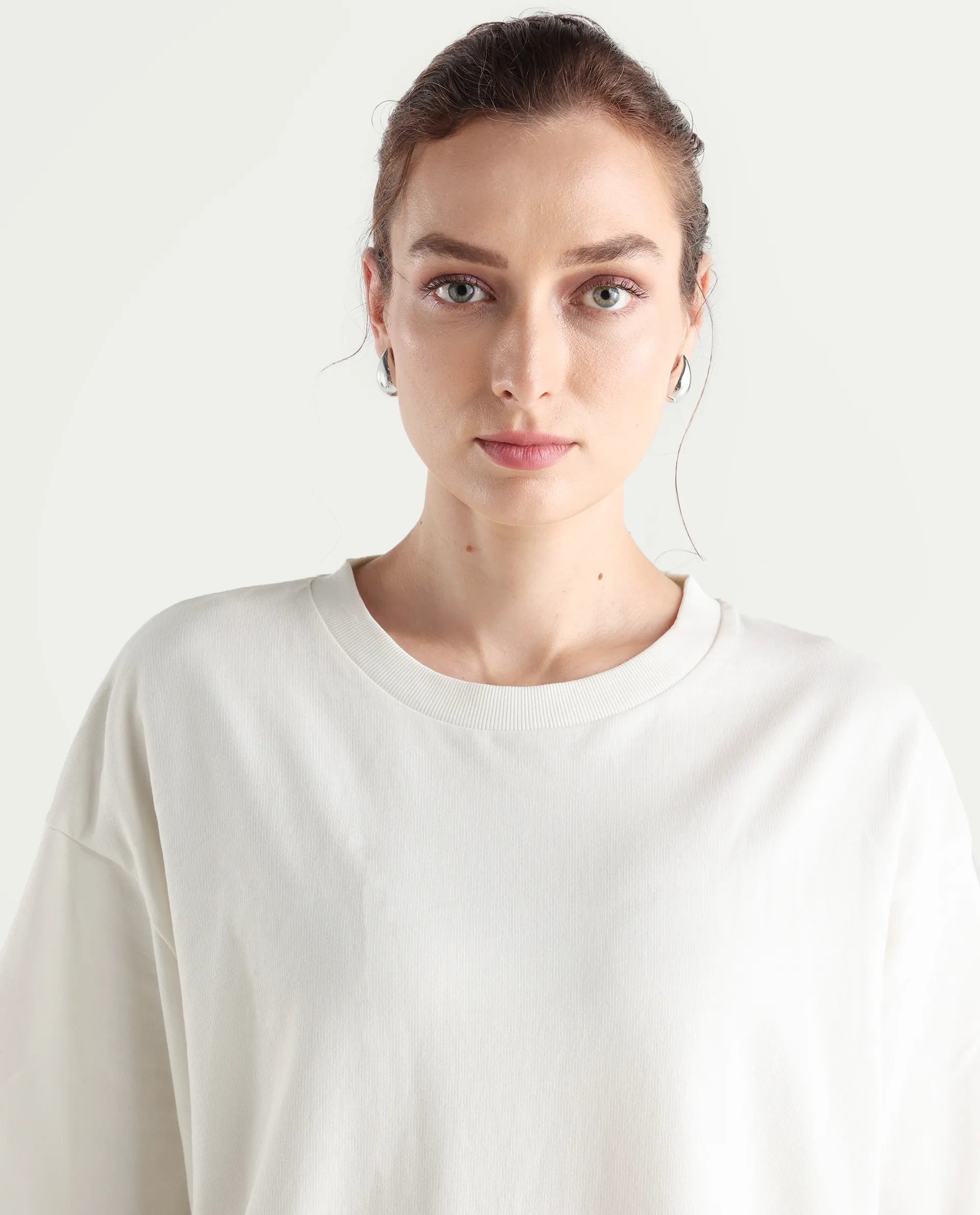 Rareism Women's Droako Off White Cotton Graphic Print Oversized T-Shirt