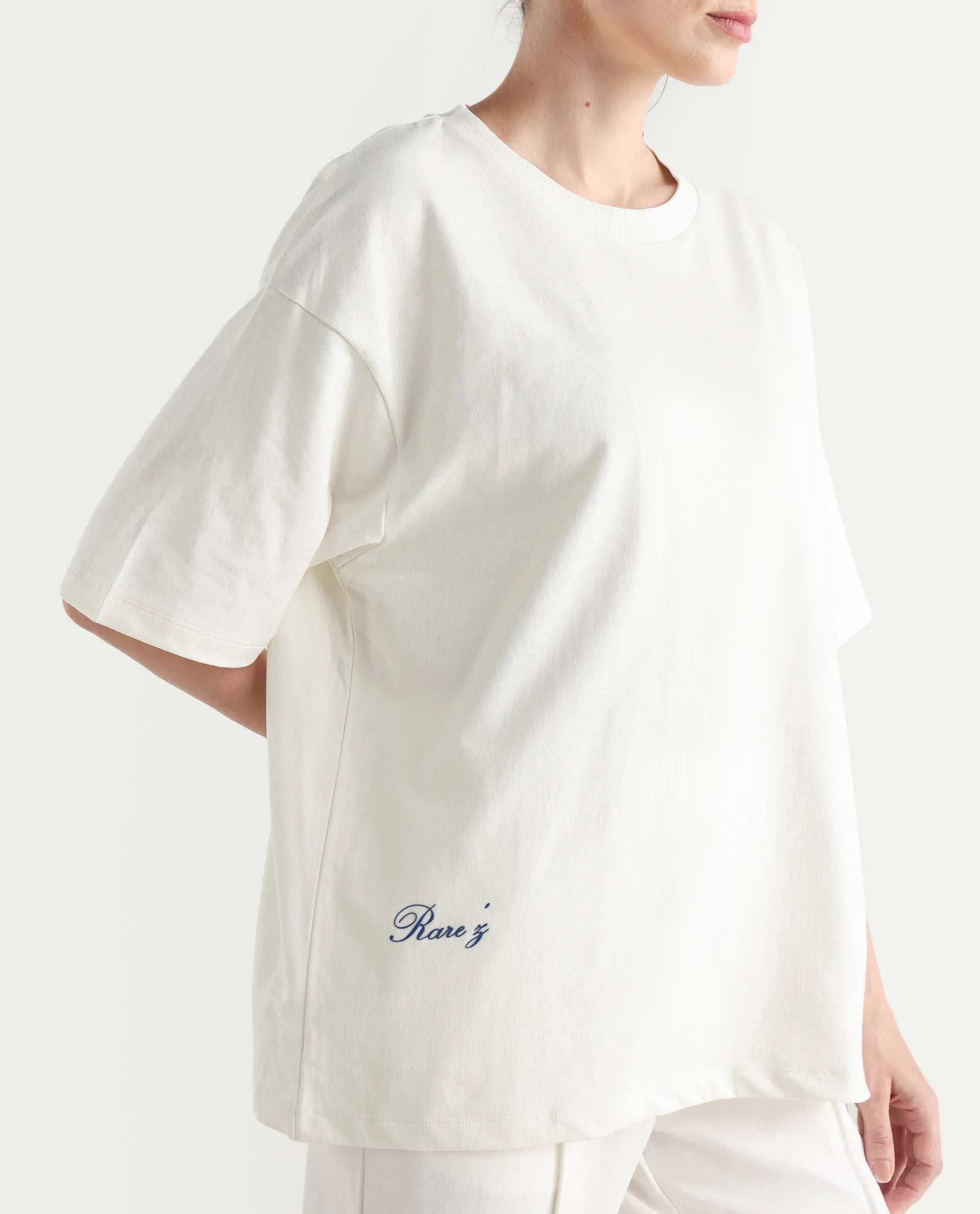 Rareism Women's Droako Off White Cotton Graphic Print Oversized T-Shirt