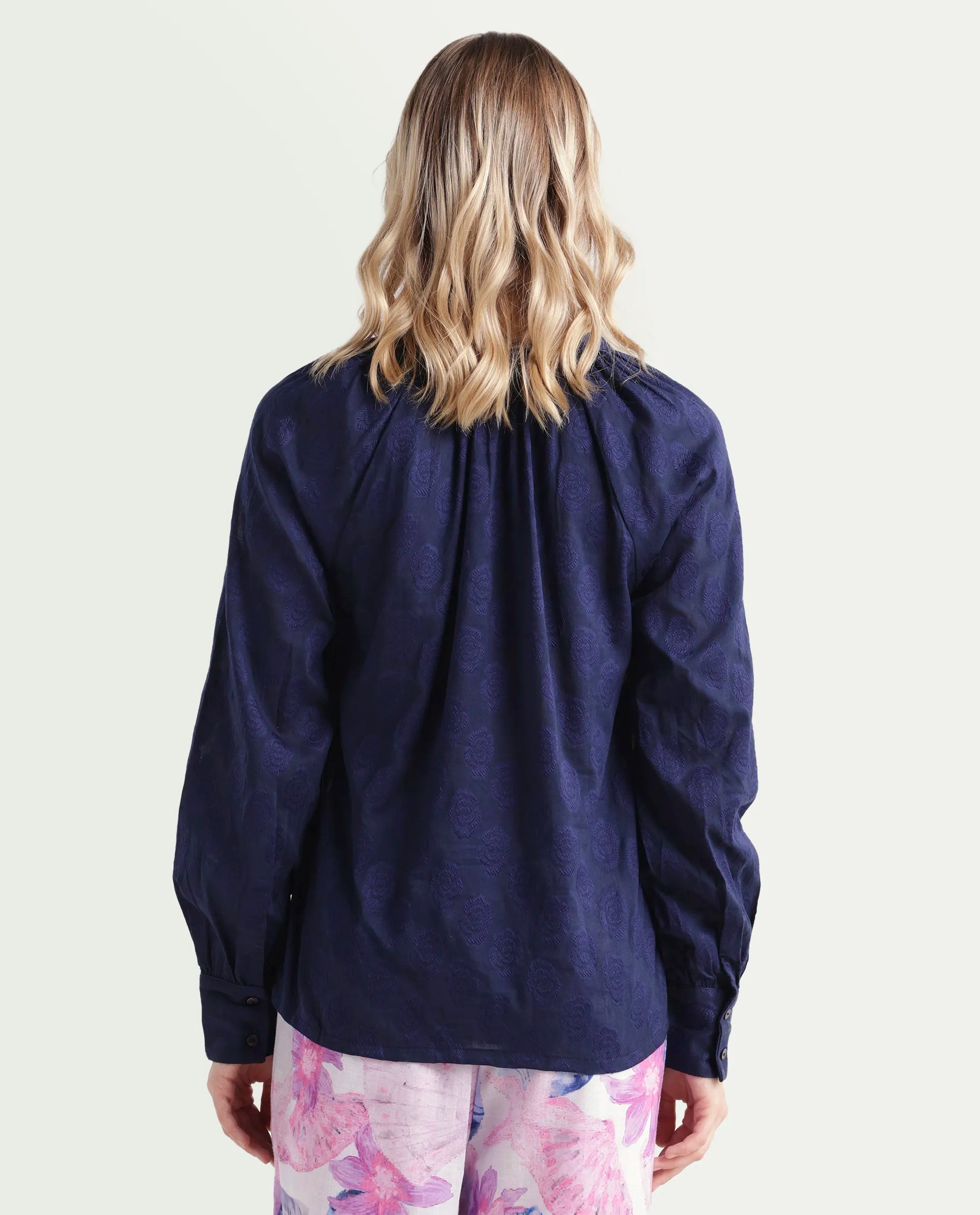 Rareism Women's Droff Dark Blue Polyester Mandarin Collar Floral Print Cuffed Sleeve Regular Fit Top