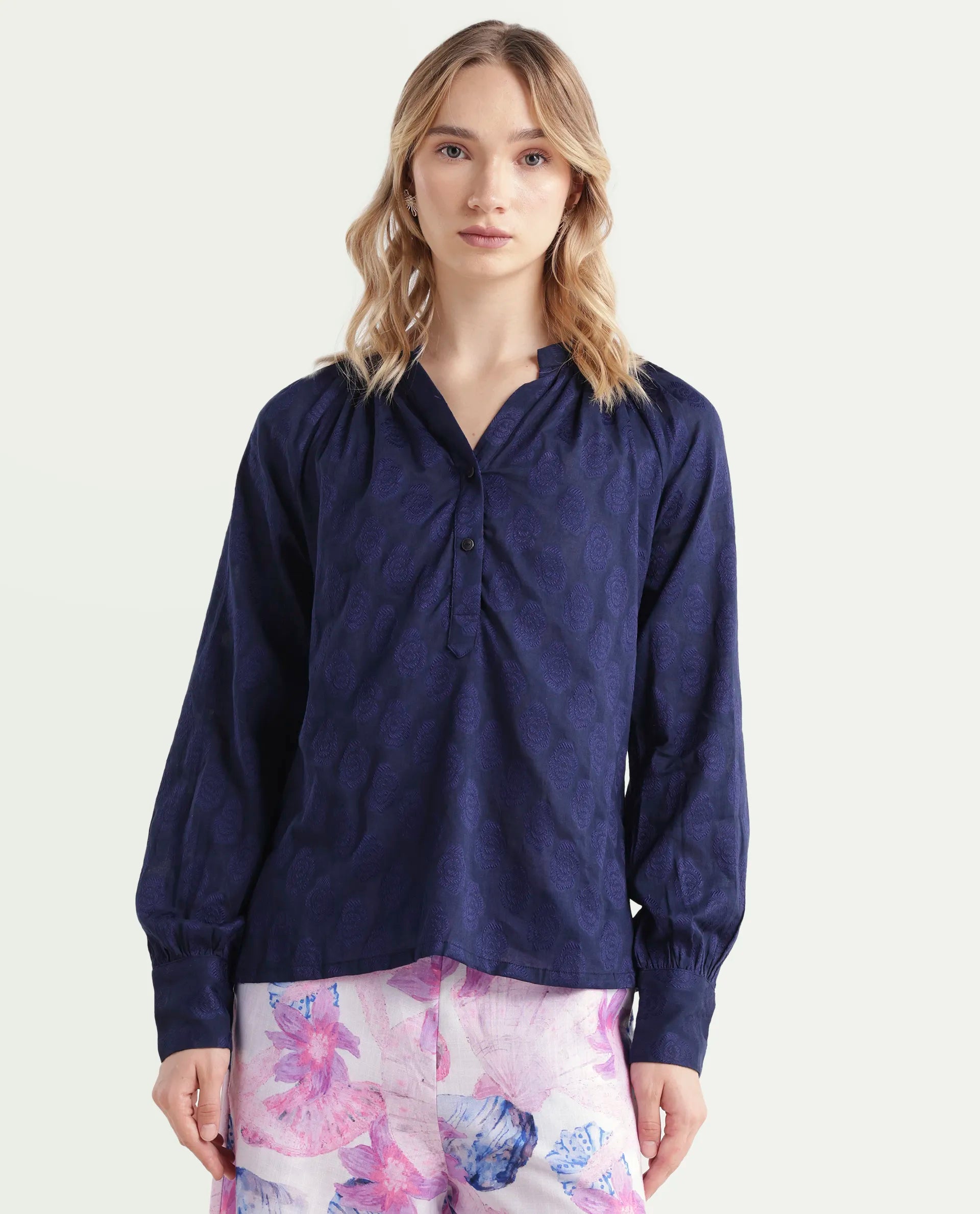 Rareism Women's Droff Dark Blue Polyester Mandarin Collar Floral Print Cuffed Sleeve Regular Fit Top