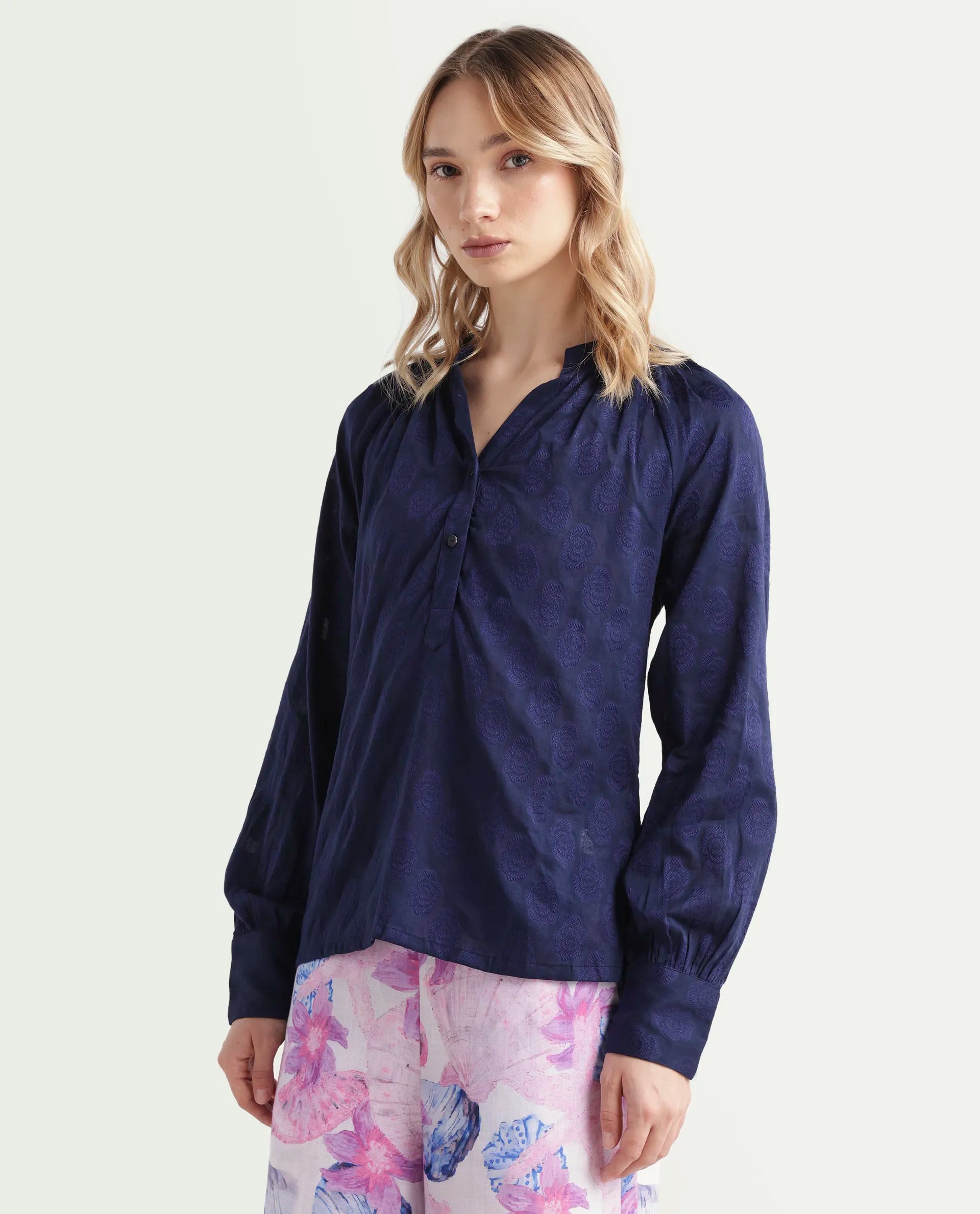 Rareism Women's Droff Dark Blue Polyester Mandarin Collar Floral Print Cuffed Sleeve Regular Fit Top