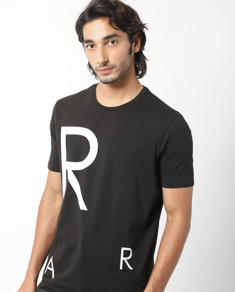 Rare Rabbit Men's Drover Black Crew Neck Overall Placement Print Branding Half Sleeves T-Shirt