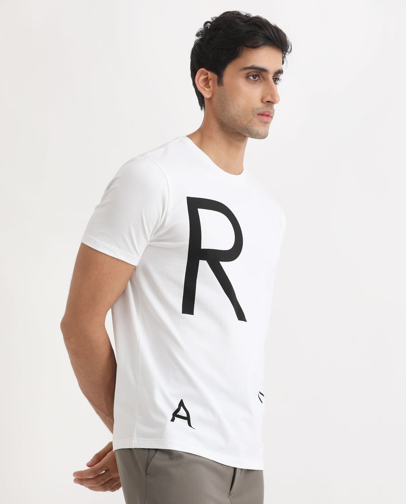 Rare Rabbit Men's Drover White Crew Neck Overall Placement Print Branding Half Sleeves T-Shirt