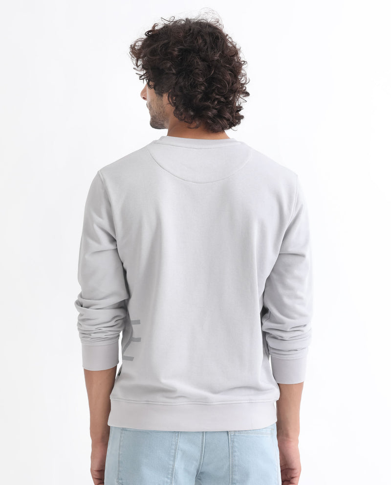 Rare Rabbit Men's Drovie Grey Cotton Polyester Fabric Full Sleeves Graphic Printed Logo Knitted Sweatshirt