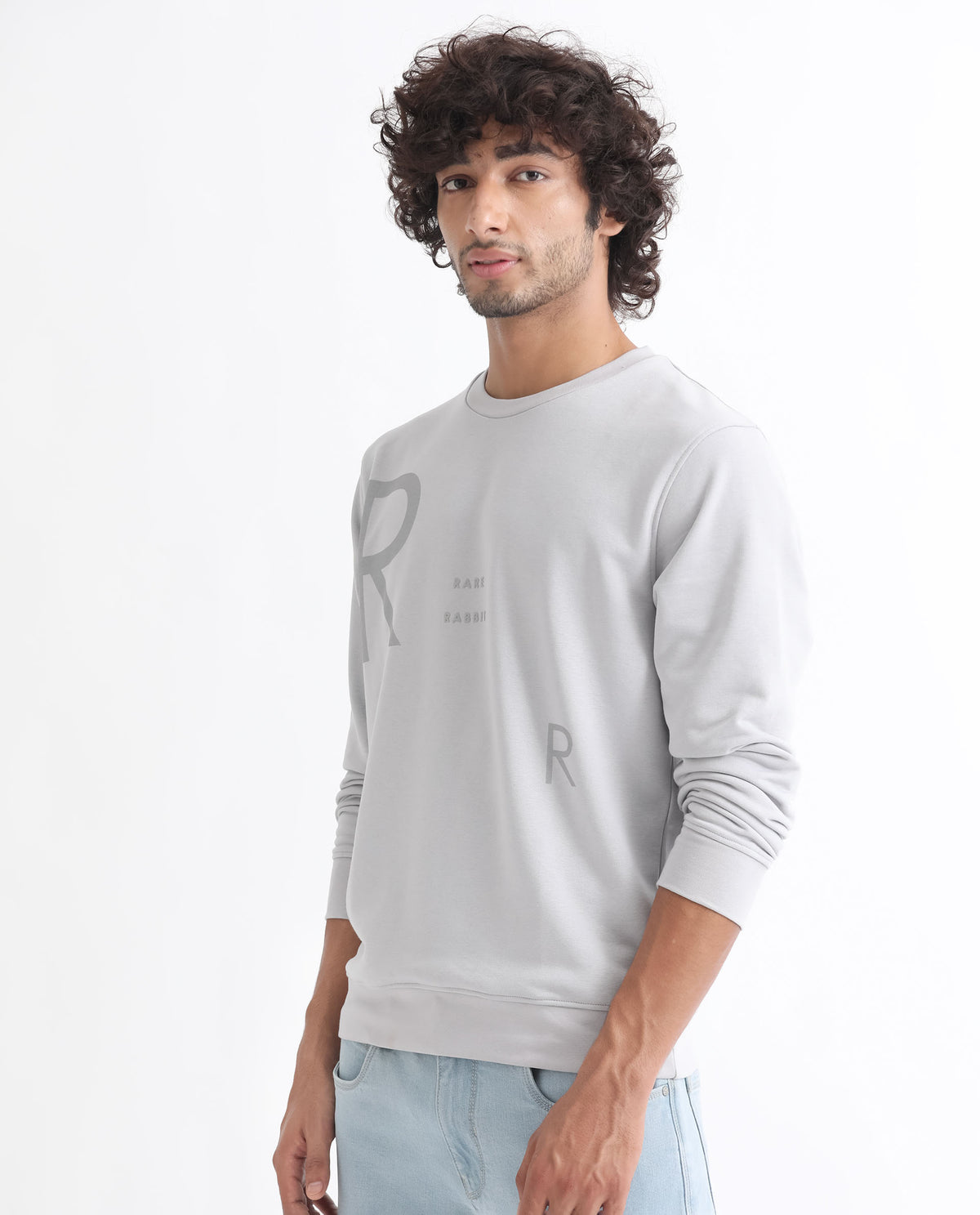 Rare Rabbit Men's Drovie Grey Cotton Polyester Fabric Full Sleeves Graphic Printed Logo Knitted Sweatshirt