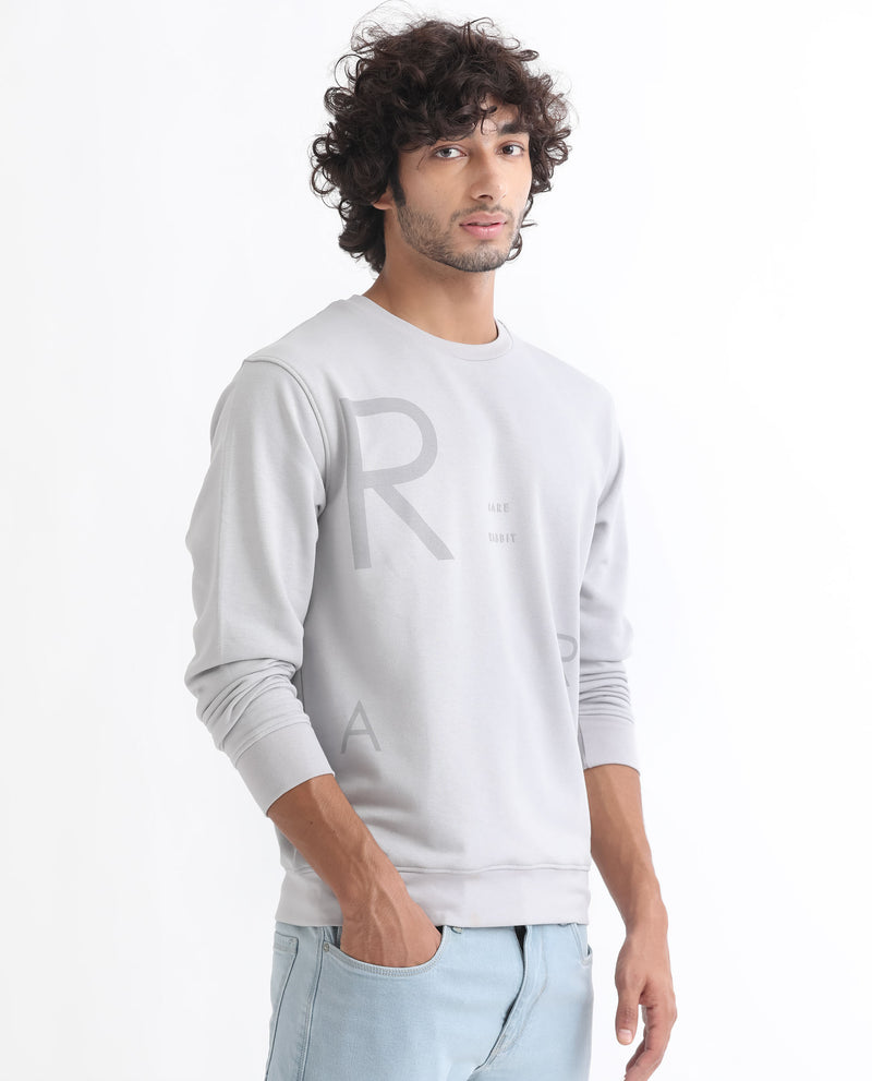 Rare Rabbit Men's Drovie Grey Cotton Polyester Fabric Full Sleeves Graphic Printed Logo Knitted Sweatshirt