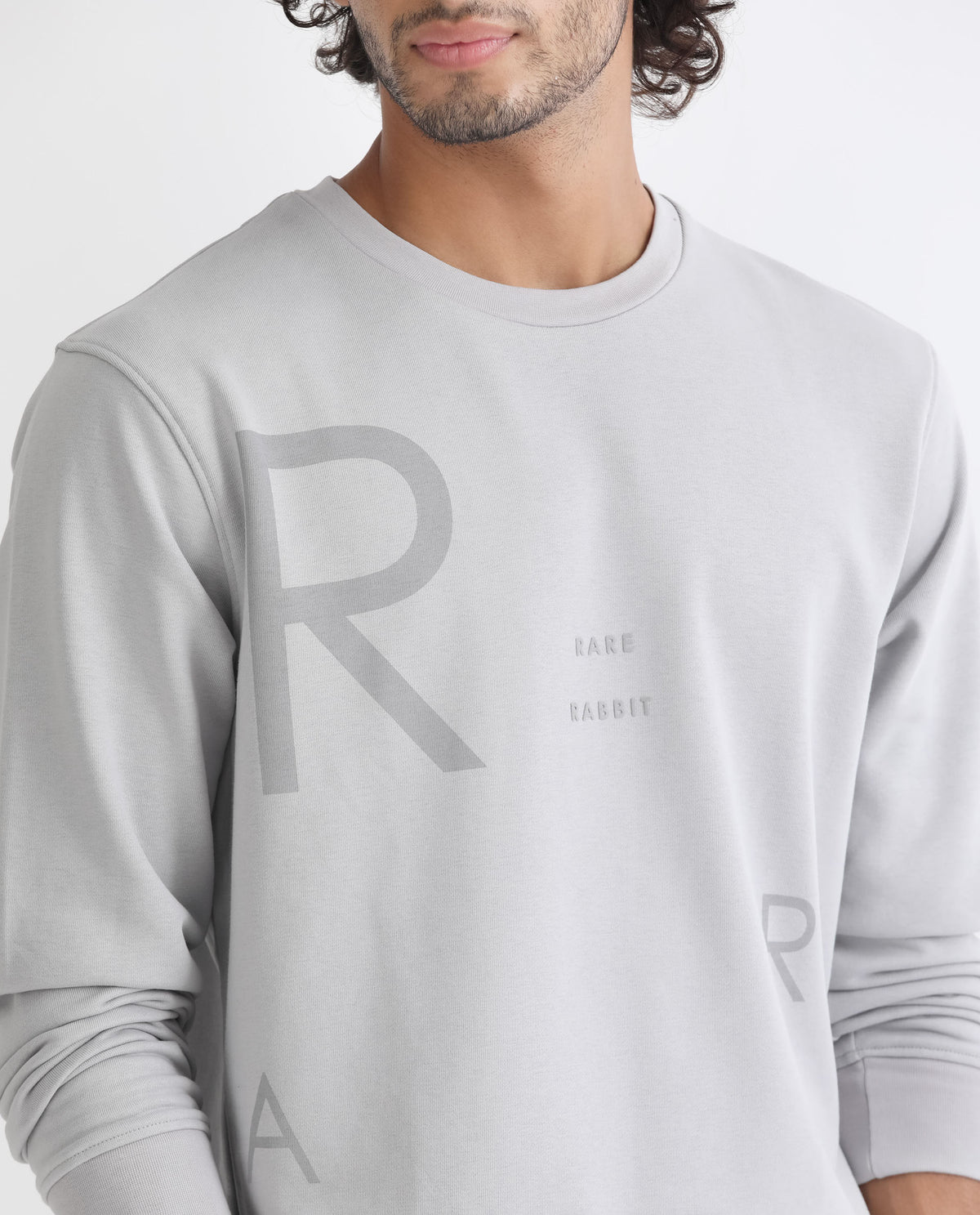 Rare Rabbit Men's Drovie Grey Cotton Polyester Fabric Full Sleeves Graphic Printed Logo Knitted Sweatshirt