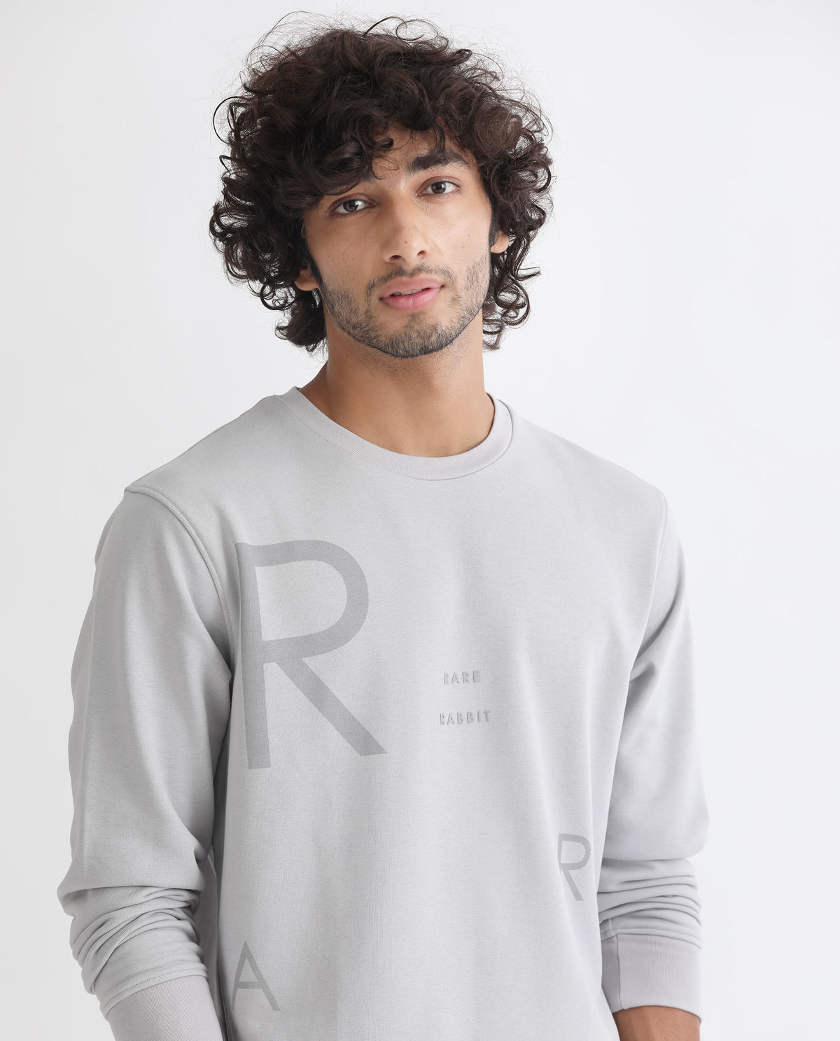 Rare Rabbit Men's Drovie Grey Cotton Polyester Fabric Full Sleeves Graphic Printed Logo Knitted Sweatshirt