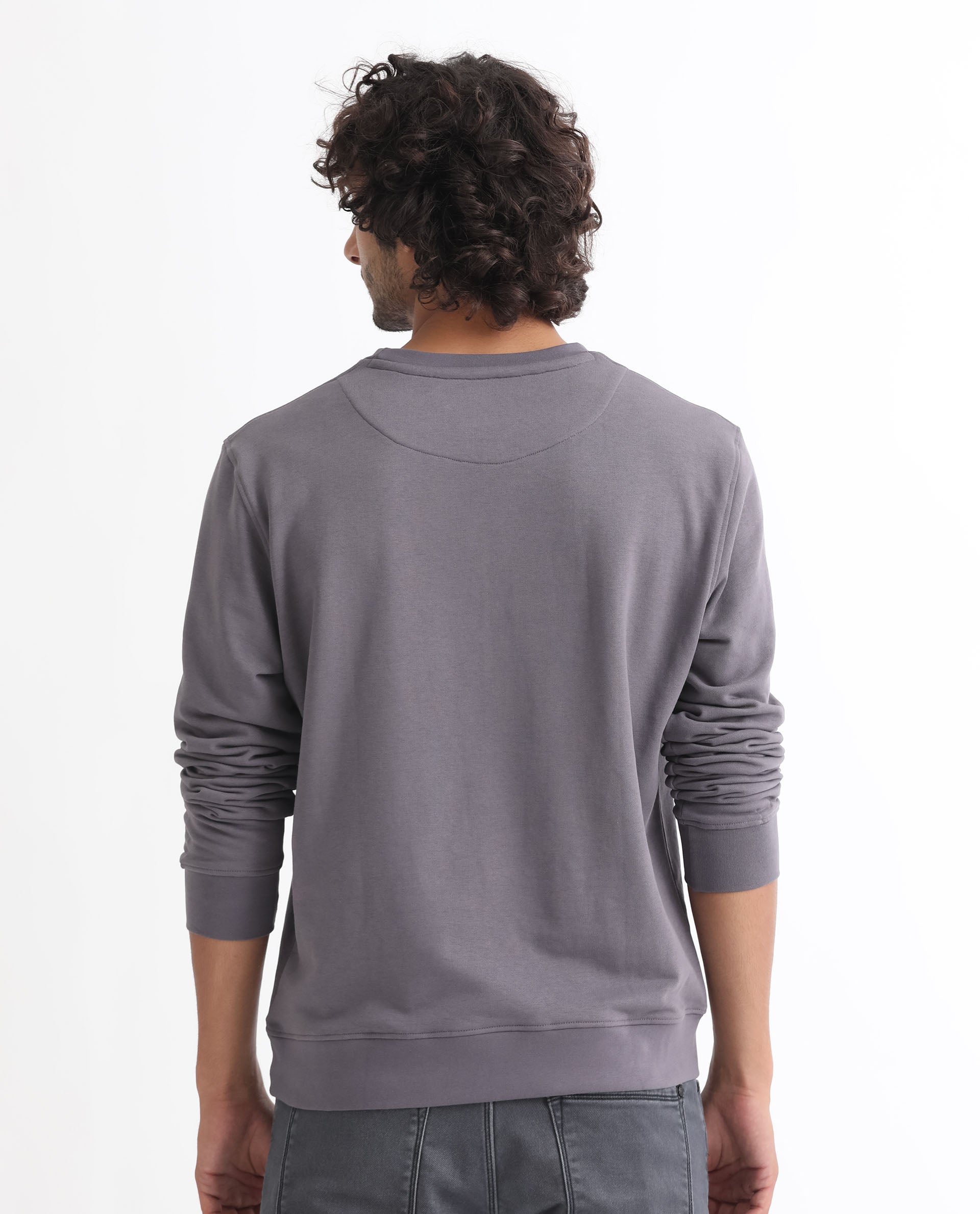 Rare Rabbit Men's Drovie Purple Cotton Polyester Fabric Full Sleeves Logo Graphic Print Knitted Sweatshirt