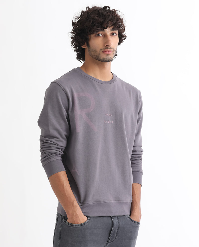 Rare Rabbit Men's Drovie Purple Cotton Polyester Fabric Full Sleeves Logo Graphic Print Knitted Sweatshirt